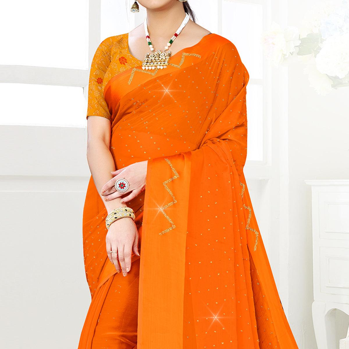 Orange Festive Wear Diamond And Swarovski Soft Chiffon-Satin Saree - Peachmode