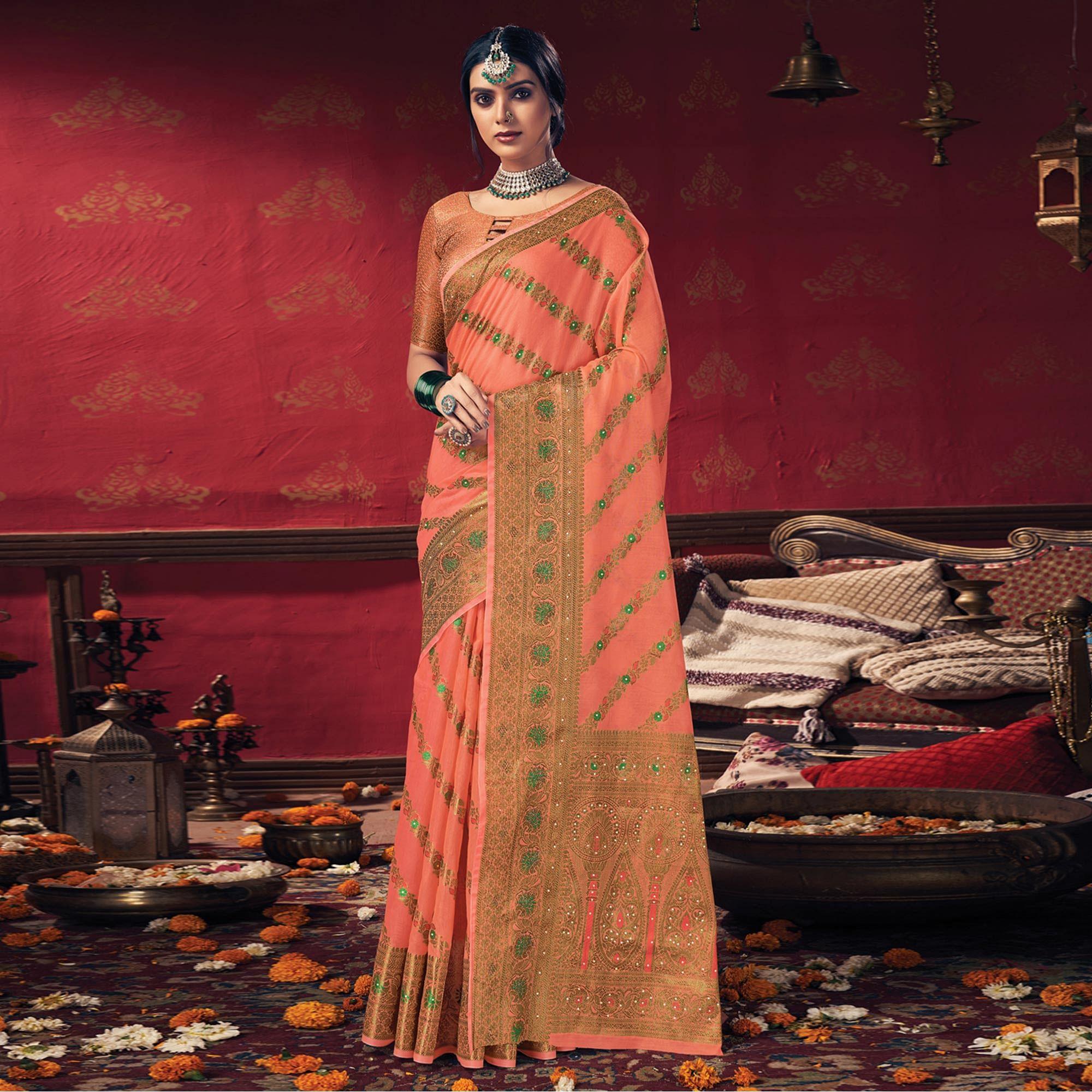 Orange Festive Wear Embellished Cotton Saree - Peachmode