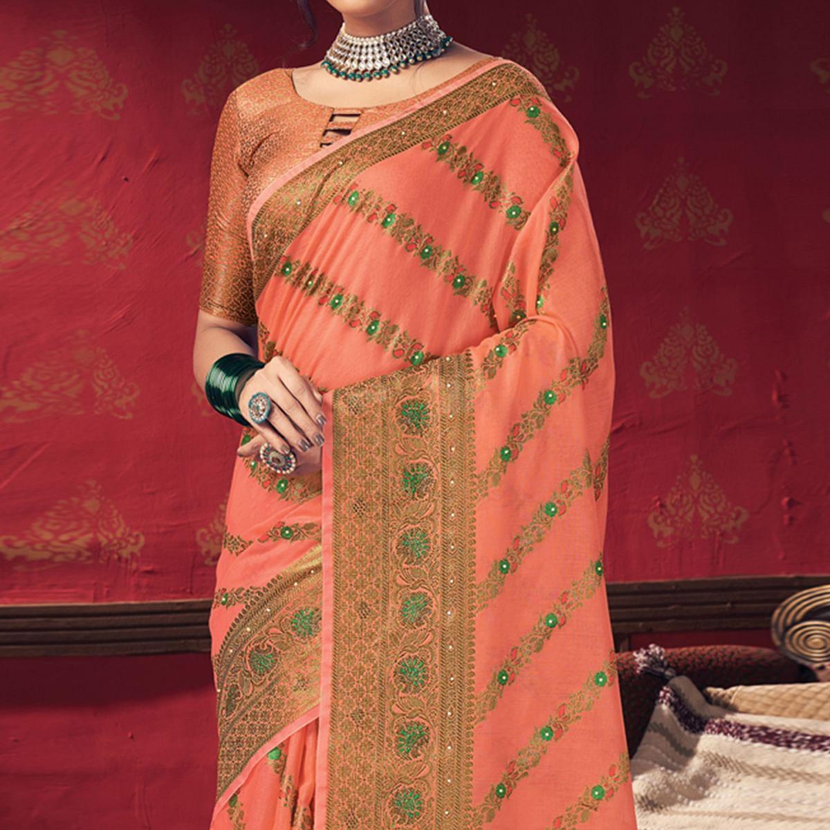Orange Festive Wear Embellished Cotton Saree - Peachmode