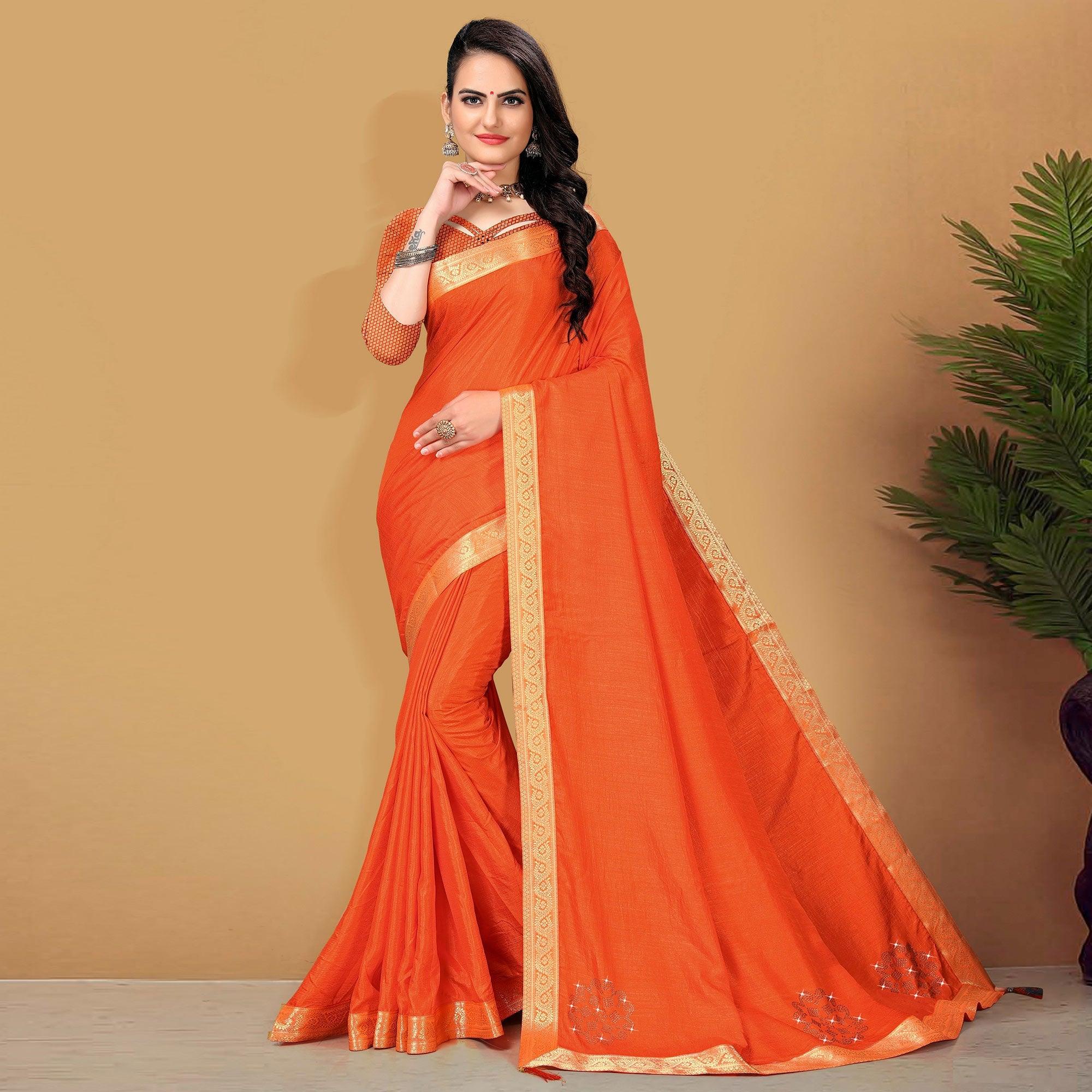 Orange Festive Wear Embellished Vichitra Silk Saree - Peachmode