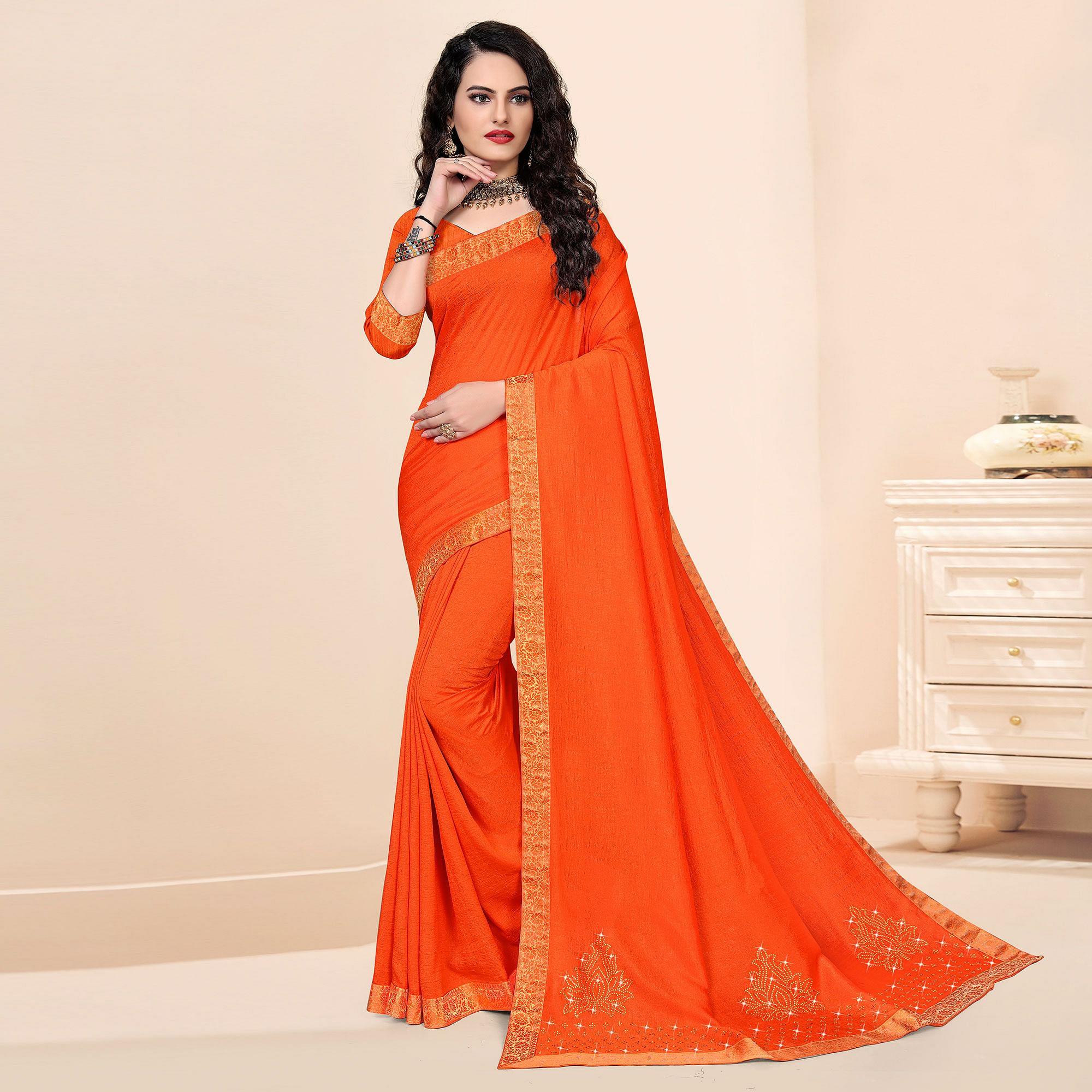 Orange Festive Wear Embellished Vichitra Silk Saree - Peachmode