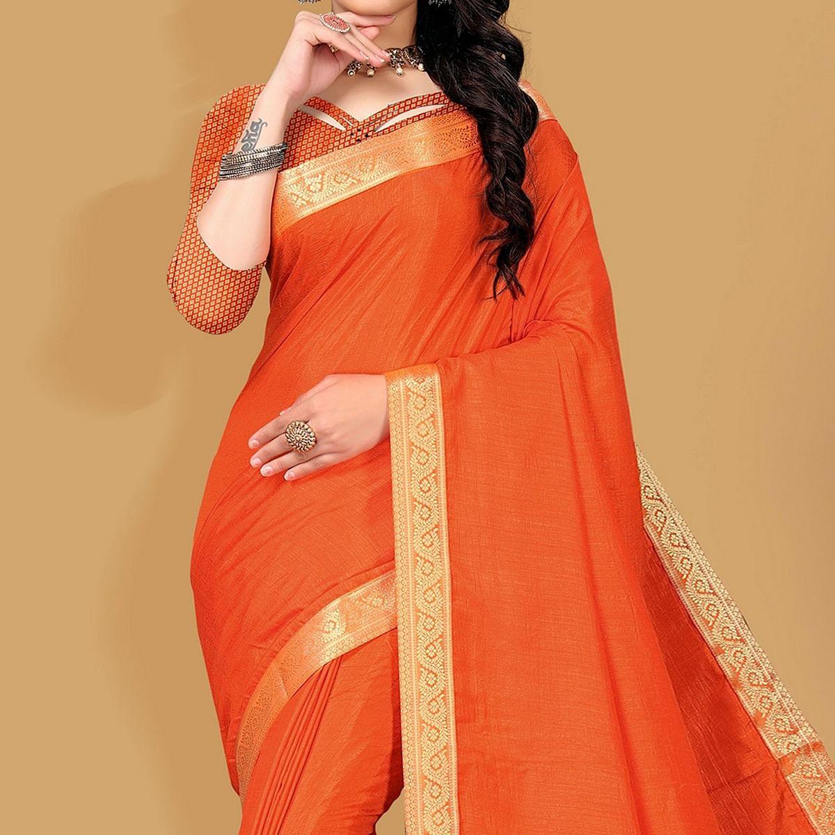 Orange Festive Wear Embellished Vichitra Silk Saree - Peachmode