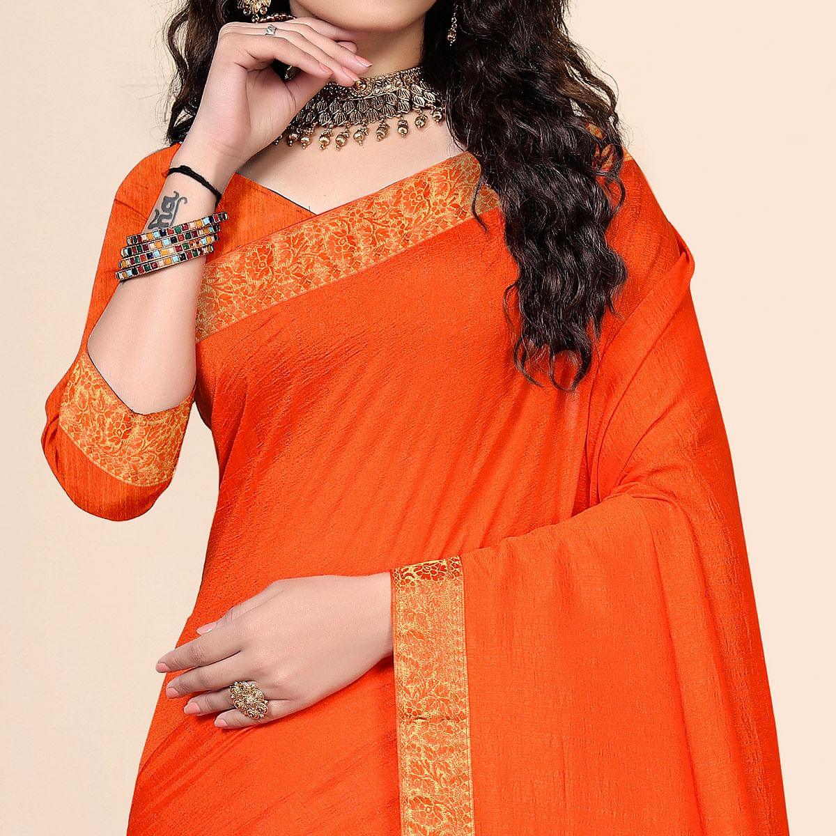 Orange Festive Wear Embellished Vichitra Silk Saree - Peachmode