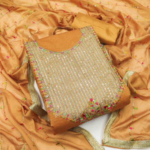 Orange Festive Wear Embroidered Chanderi Dress Material - Peachmode