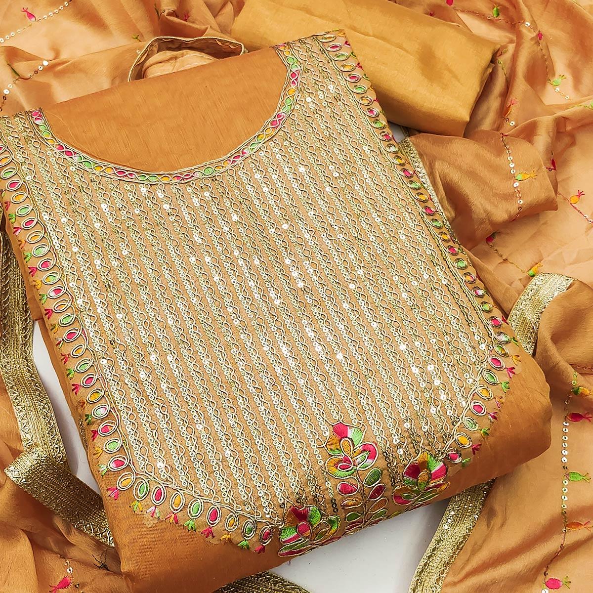 Orange Festive Wear Embroidered Chanderi Dress Material - Peachmode