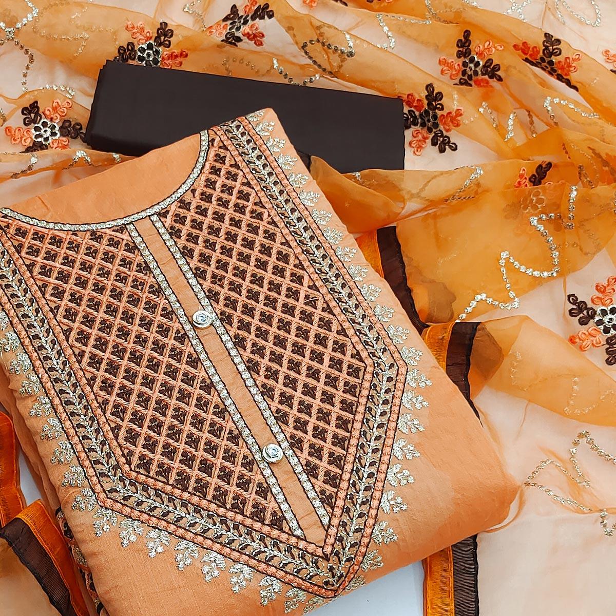 Orange Festive Wear Embroidered Chanderi Dress Material - Peachmode