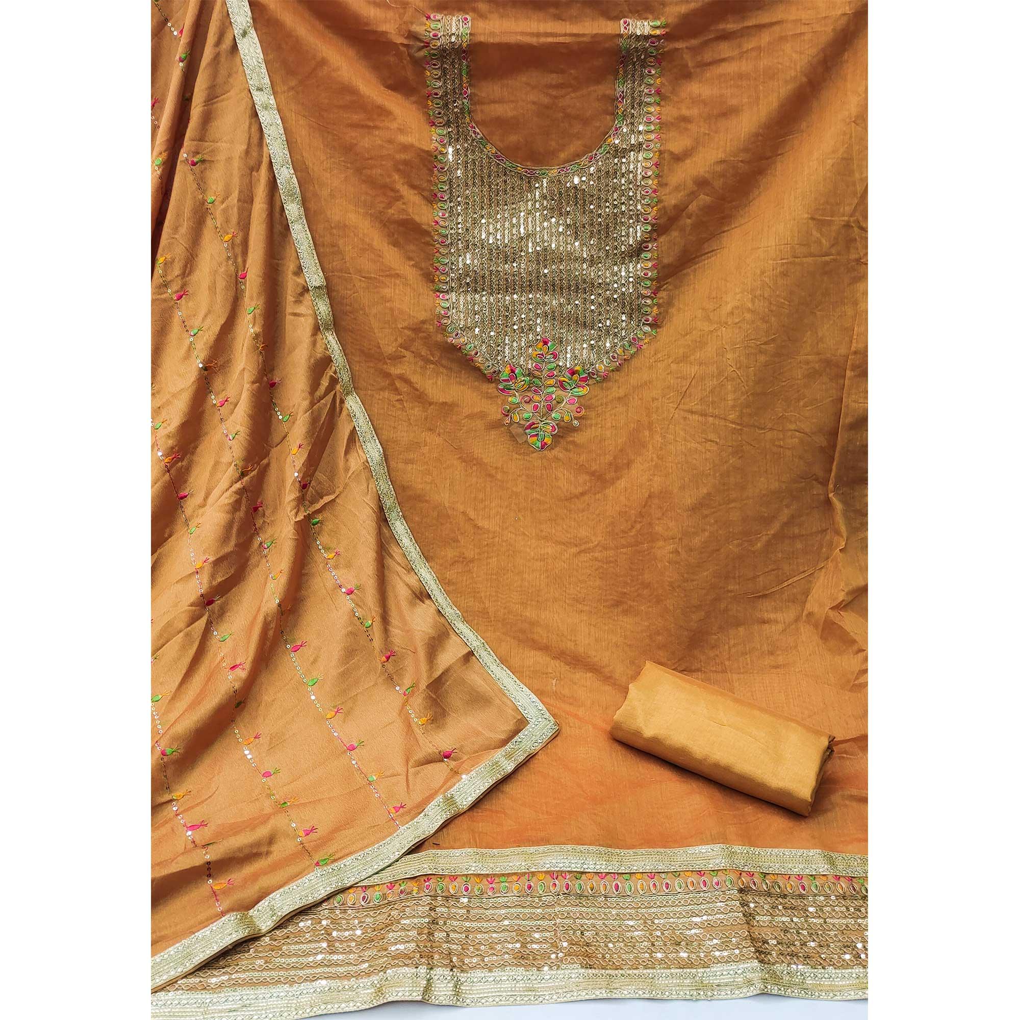 Orange Festive Wear Embroidered Chanderi Dress Material - Peachmode
