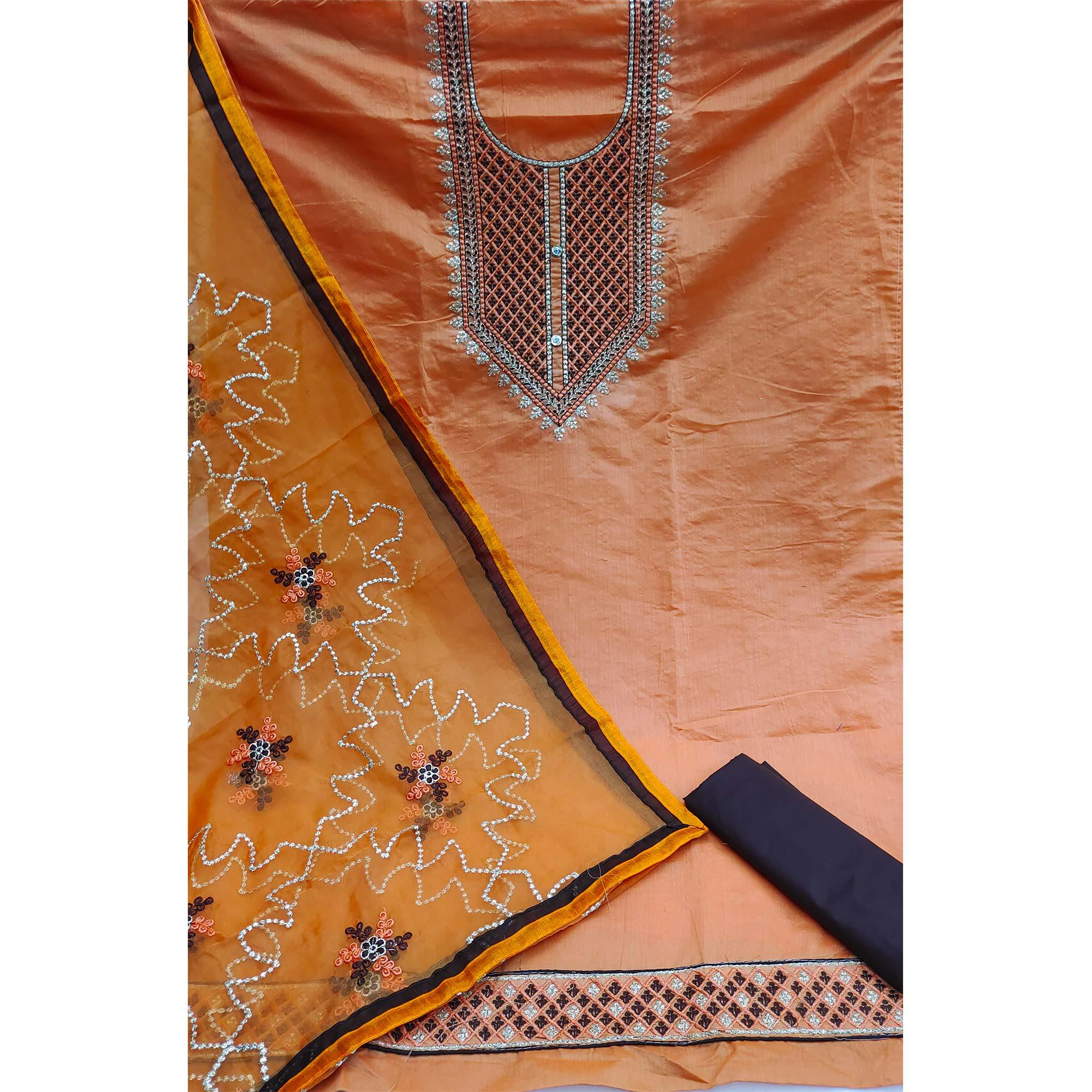 Orange Festive Wear Embroidered Chanderi Dress Material - Peachmode