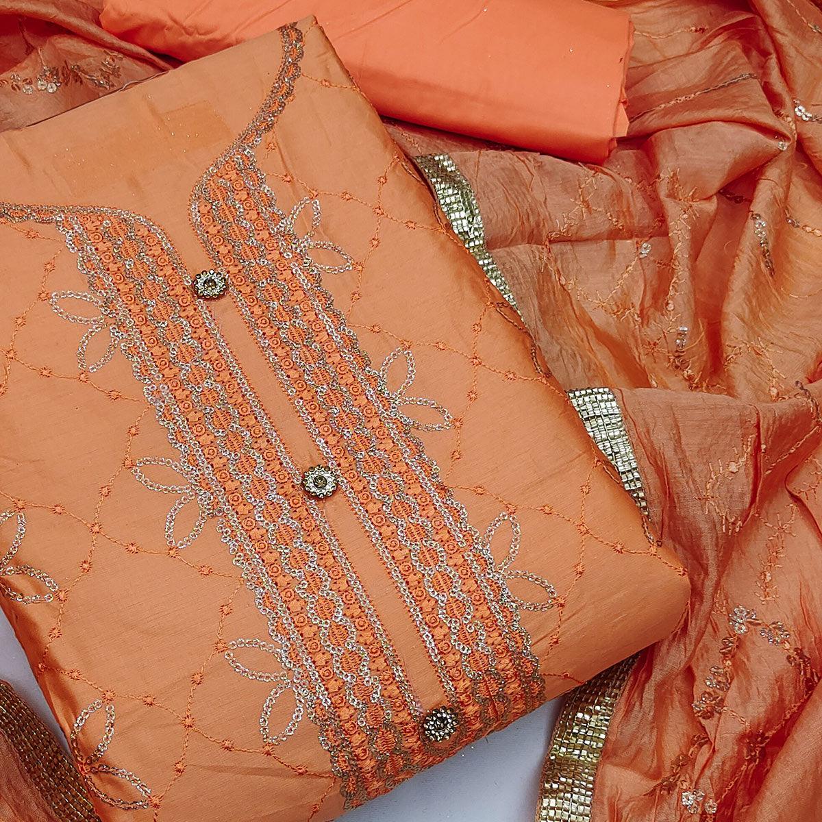Orange Festive Wear Embroidered Cotton Dress Material - Peachmode