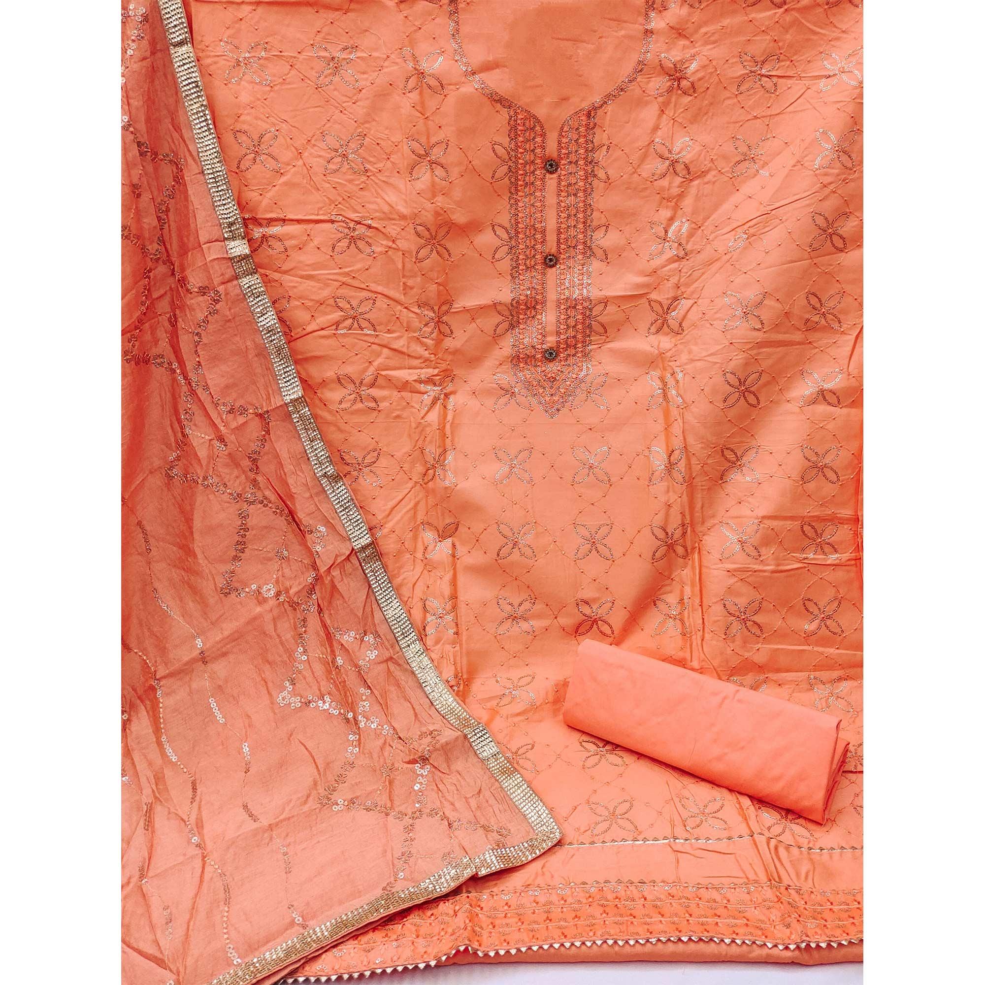 Orange Festive Wear Embroidered Cotton Dress Material - Peachmode