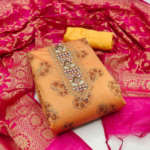 Orange Festive Wear Embroidered Floral Printed Chanderi Dress Material - Peachmode