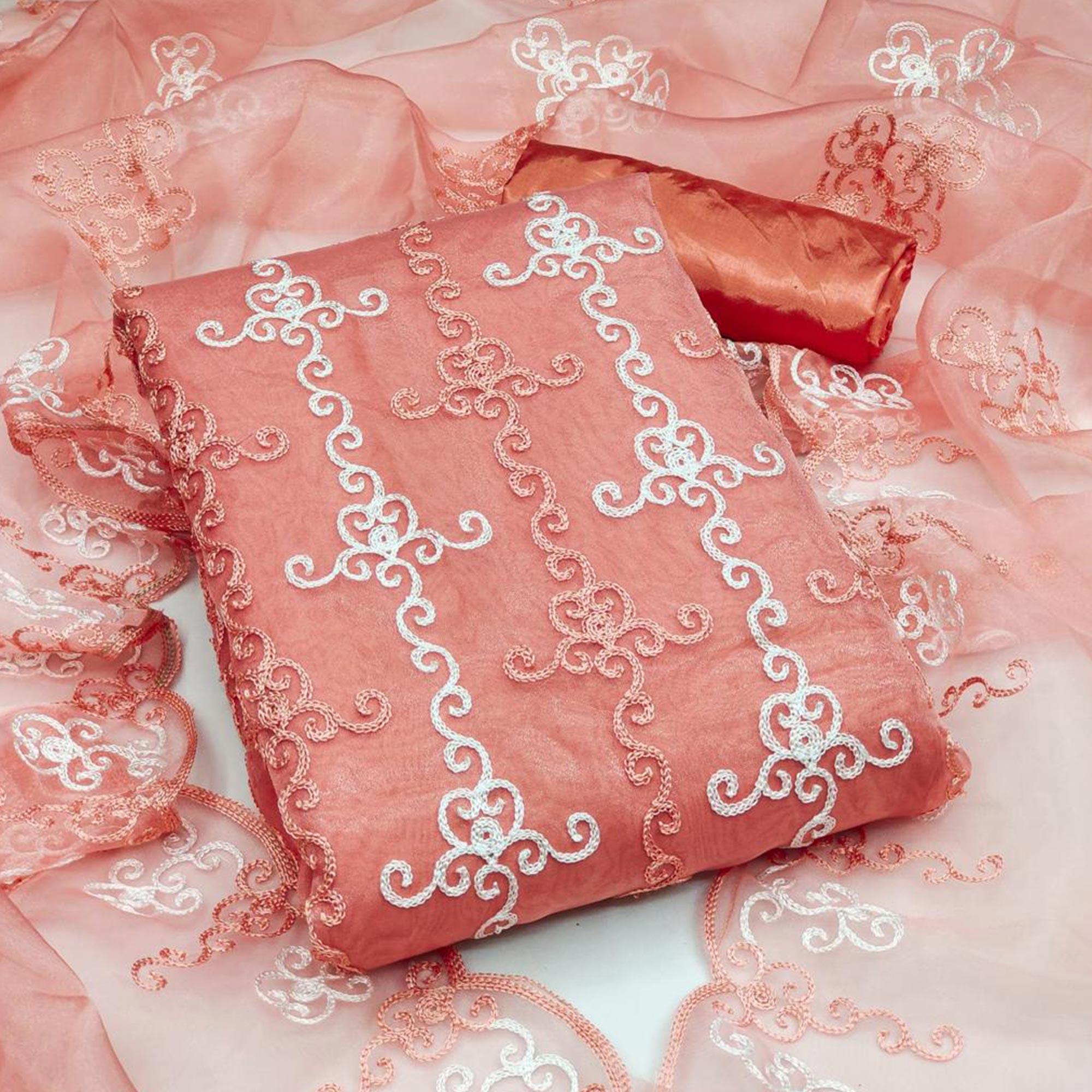 Orange Festive Wear Embroidered Organza Dress Material - Peachmode