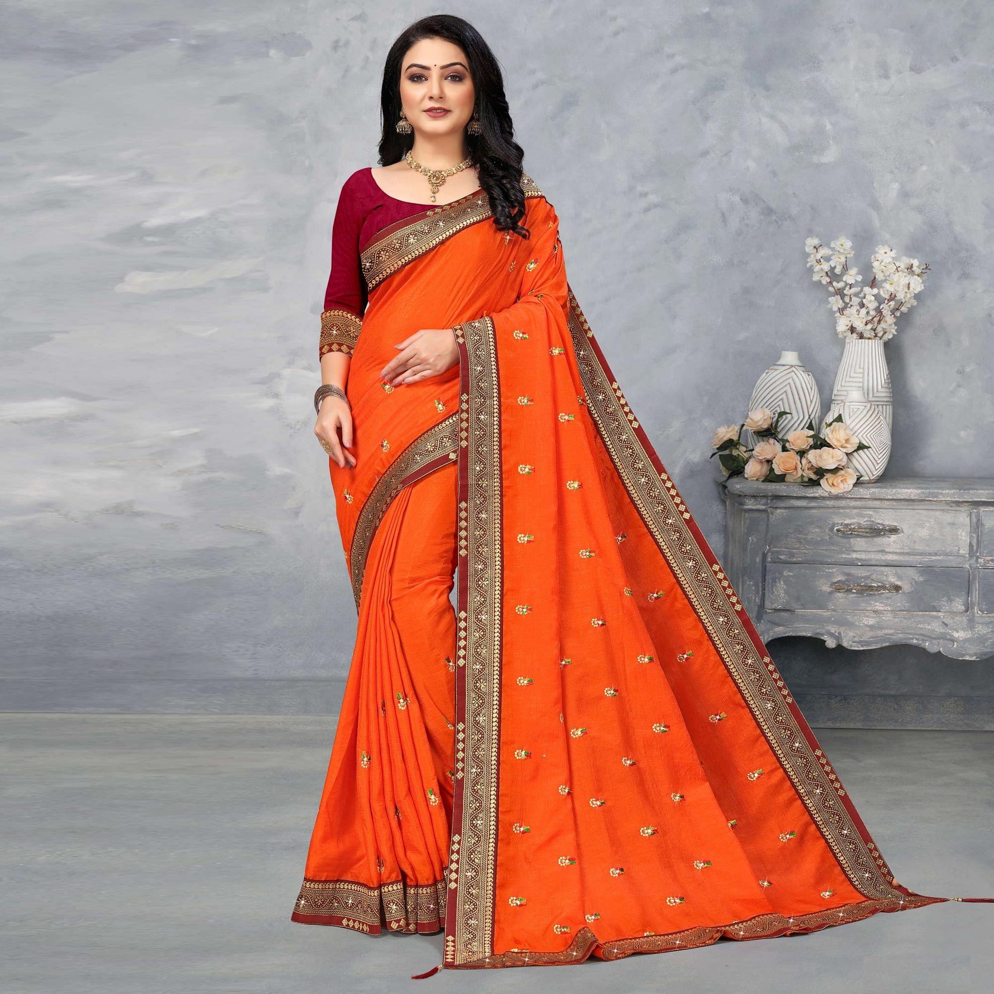 Orange Festive Wear Embroidered Vichitra Silk Sare - Peachmode