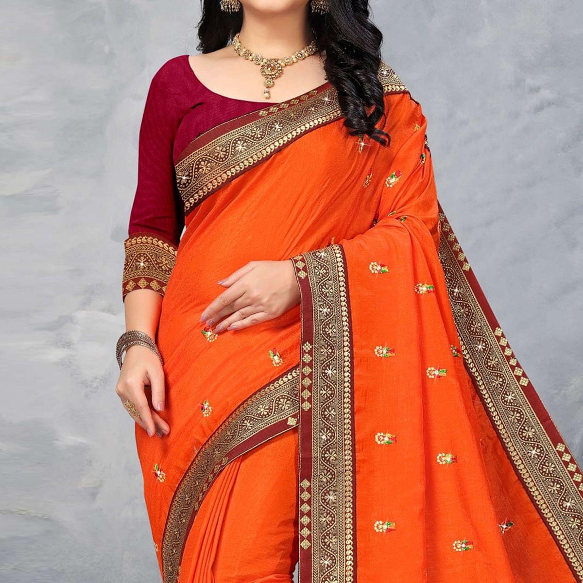 Orange Festive Wear Embroidered Vichitra Silk Sare - Peachmode