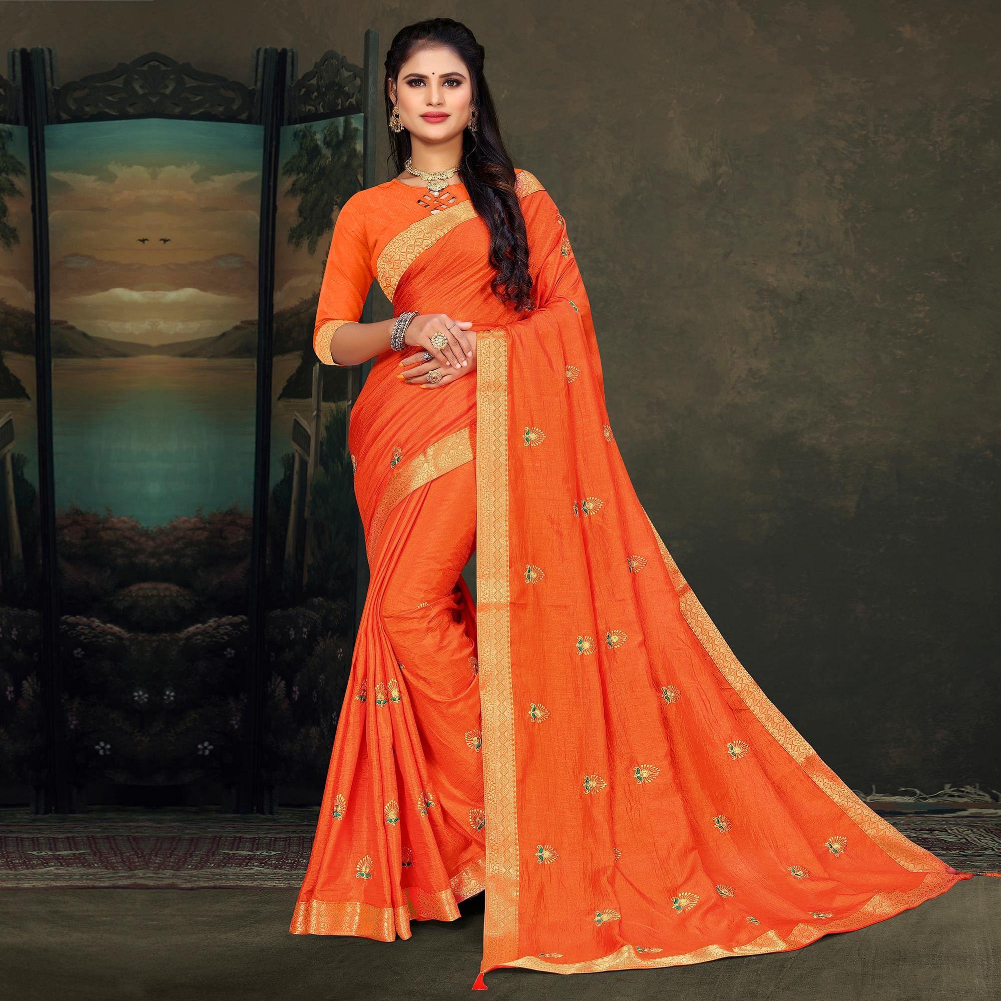 Orange Festive Wear Embroidered Vichitra Silk Saree - Peachmode