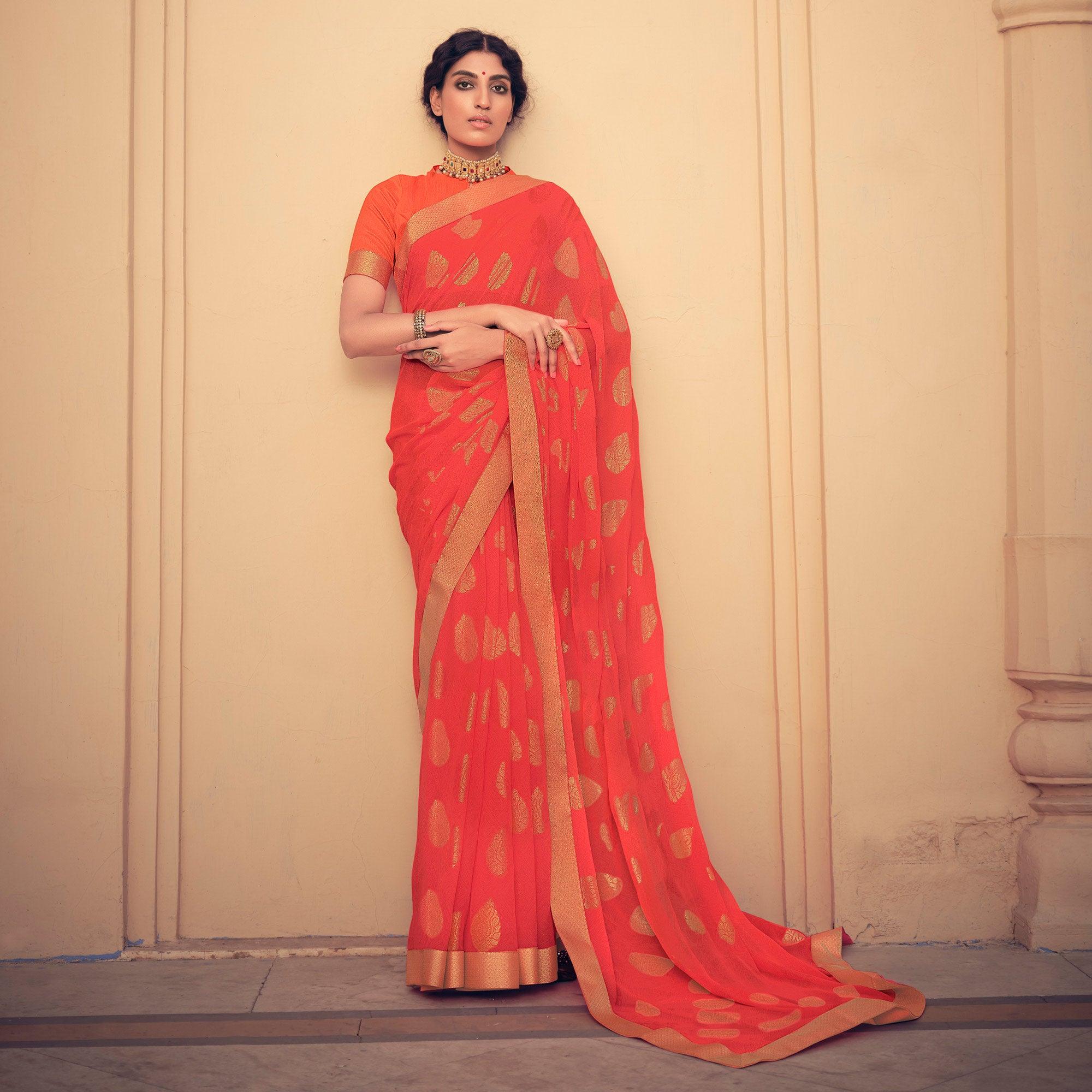 Orange Festive Wear Fancy Smoke Printed Georgette Saree Fancy Lace - Peachmode