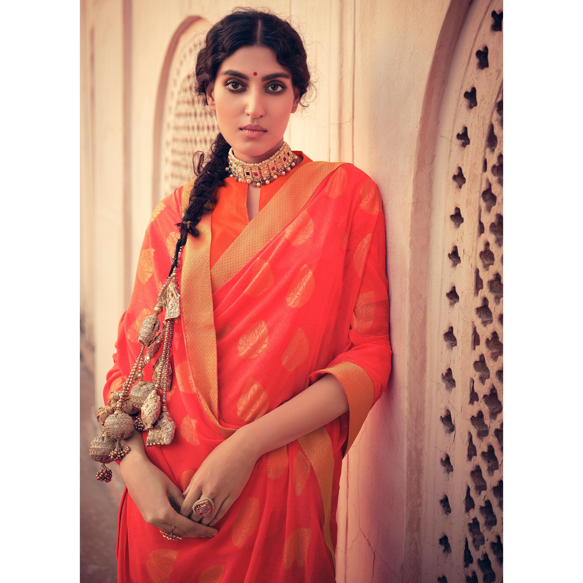 Orange Festive Wear Fancy Smoke Printed Georgette Saree Fancy Lace - Peachmode