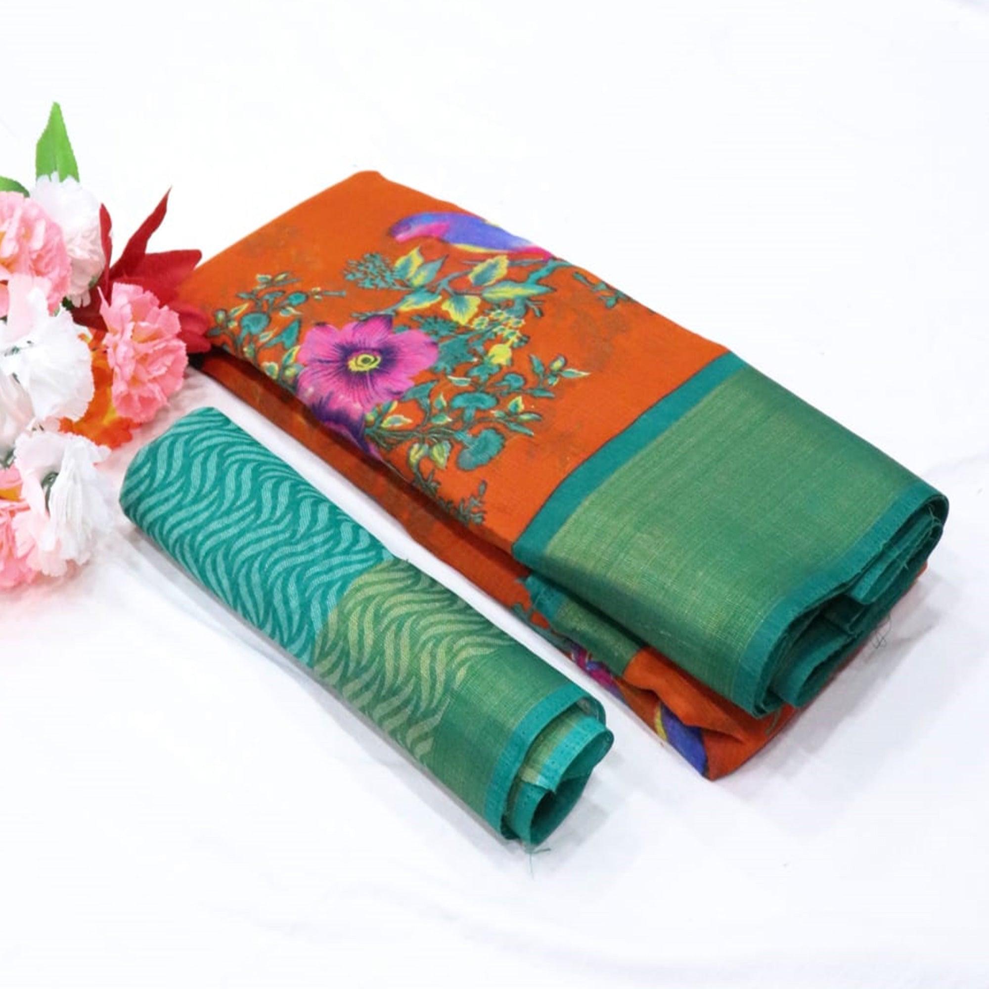 Orange Festive Wear Floral Digital Print With Sonakshi Zari Border Cotton Saree - Peachmode