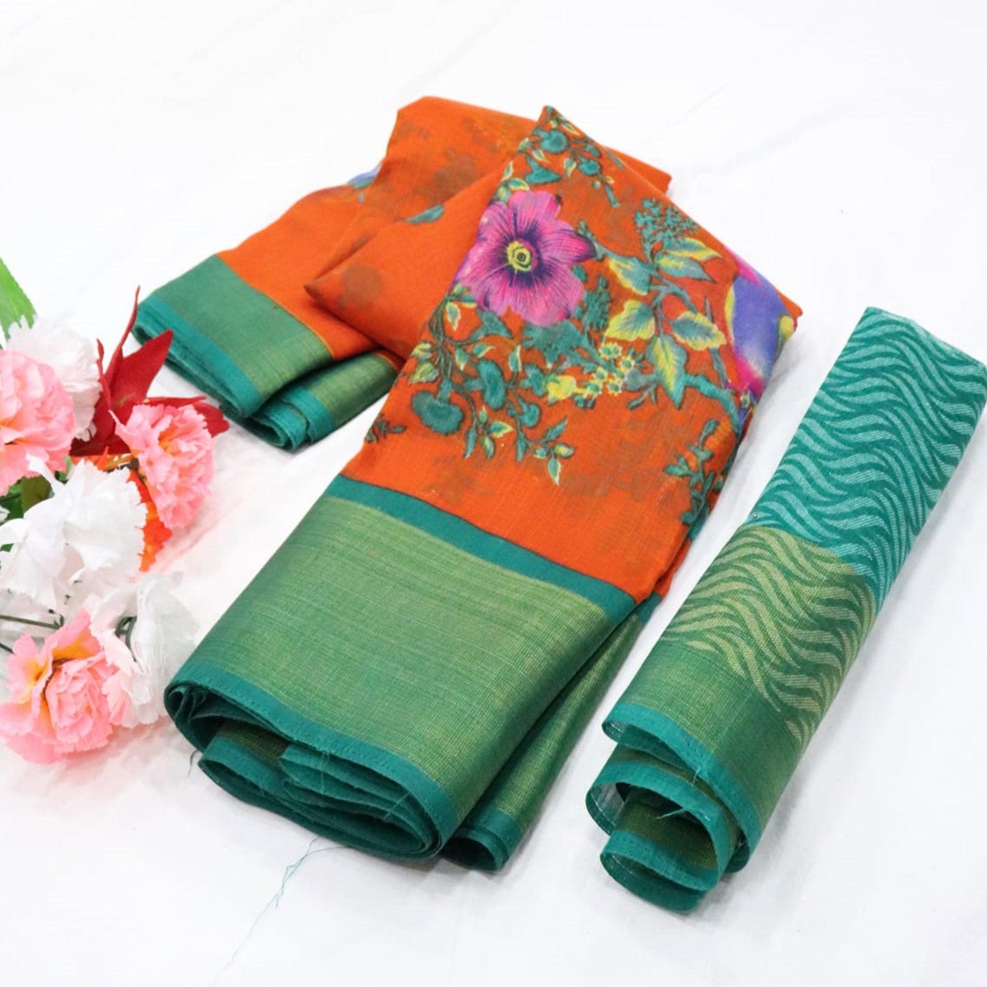 Orange Festive Wear Floral Digital Print With Sonakshi Zari Border Cotton Saree - Peachmode
