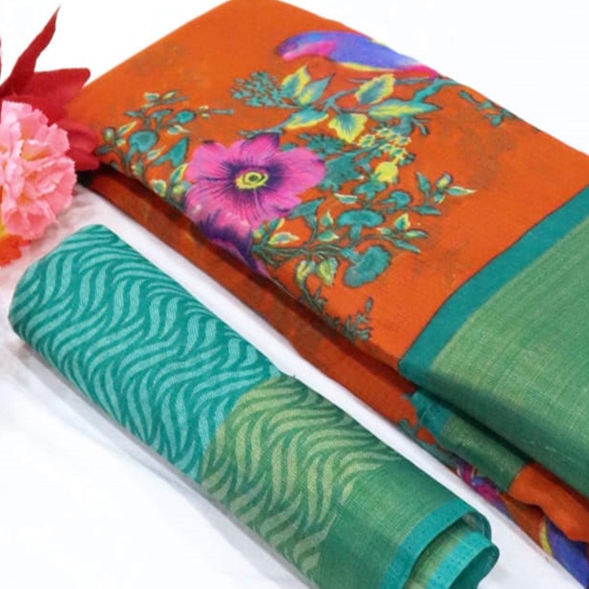 Orange Festive Wear Floral Digital Print With Sonakshi Zari Border Cotton Saree - Peachmode