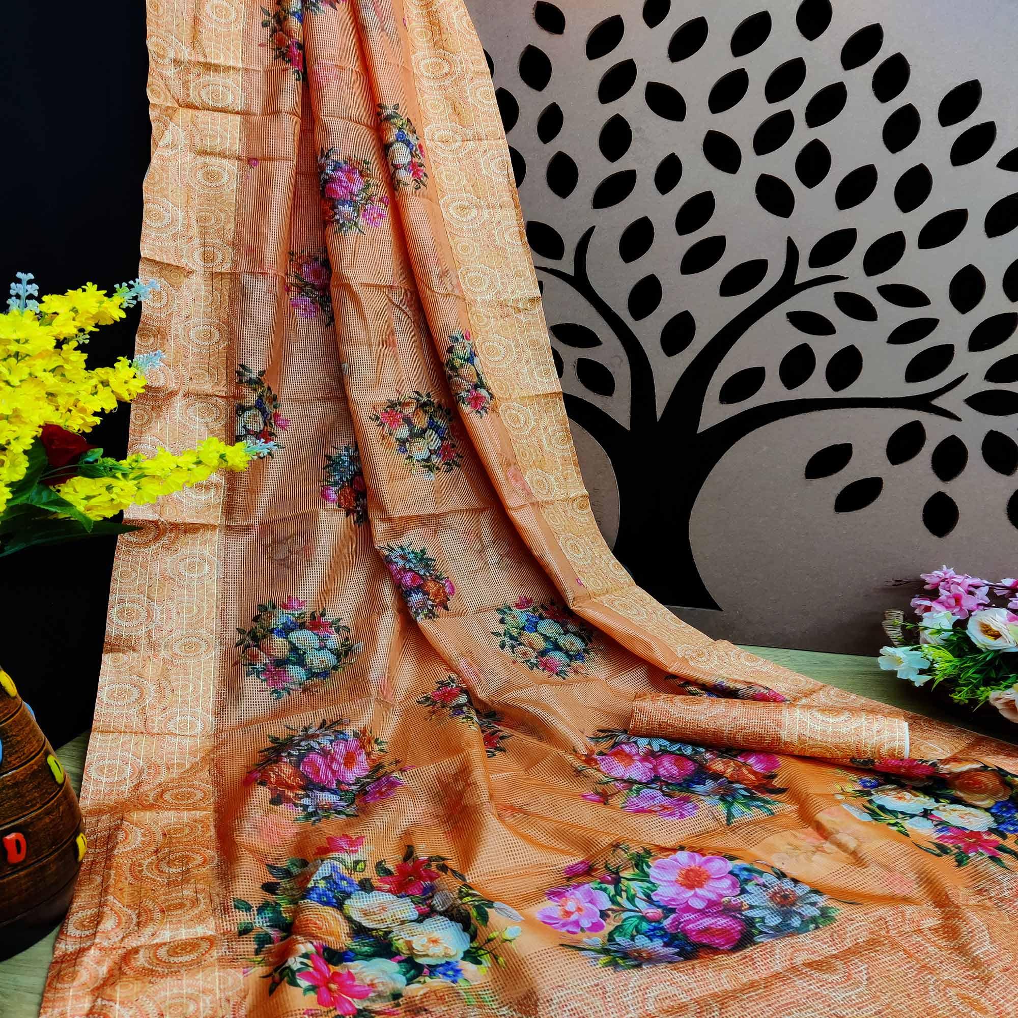 Orange Festive Wear Floral Digital Print With Woven Border Silk Saree - Peachmode