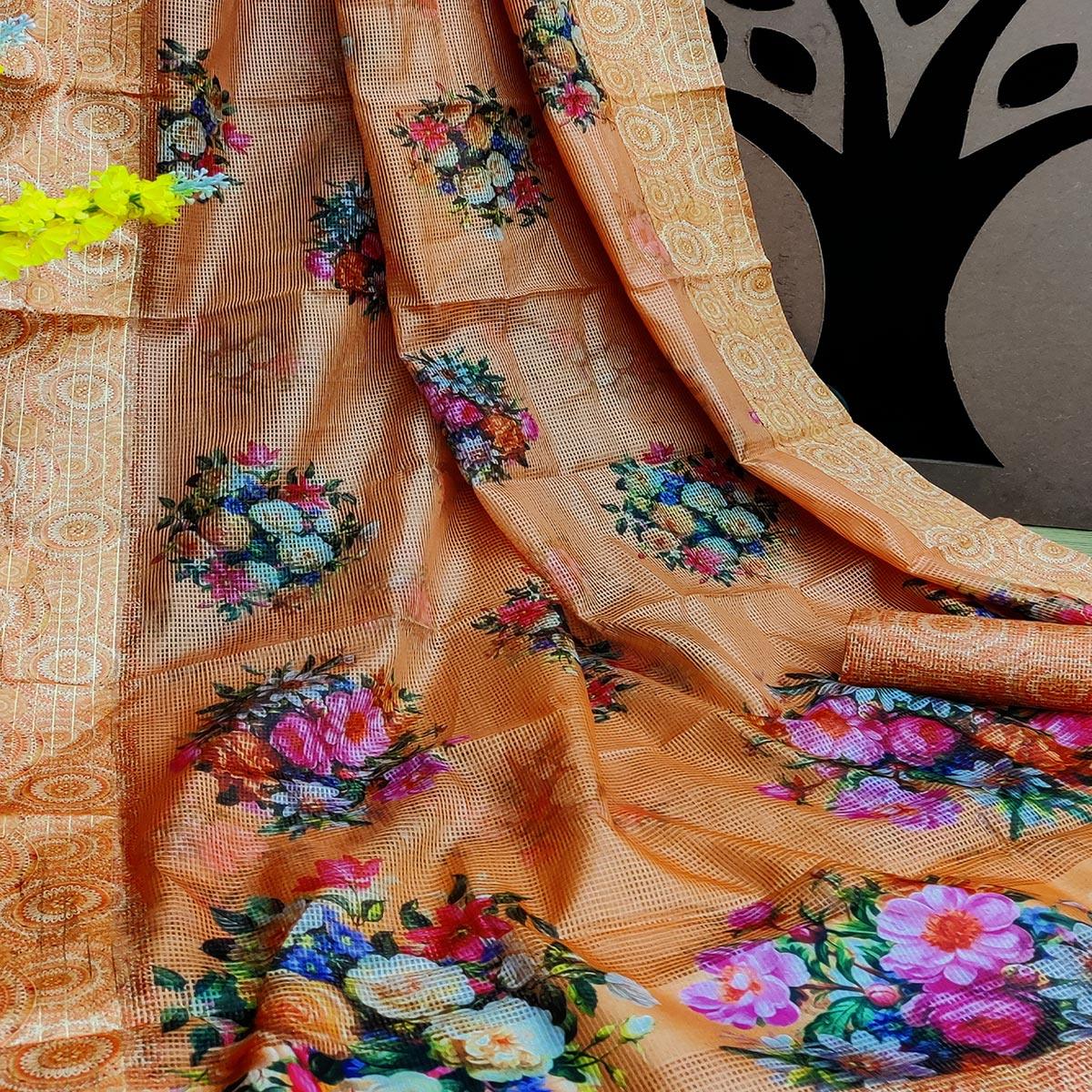 Orange Festive Wear Floral Digital Print With Woven Border Silk Saree - Peachmode