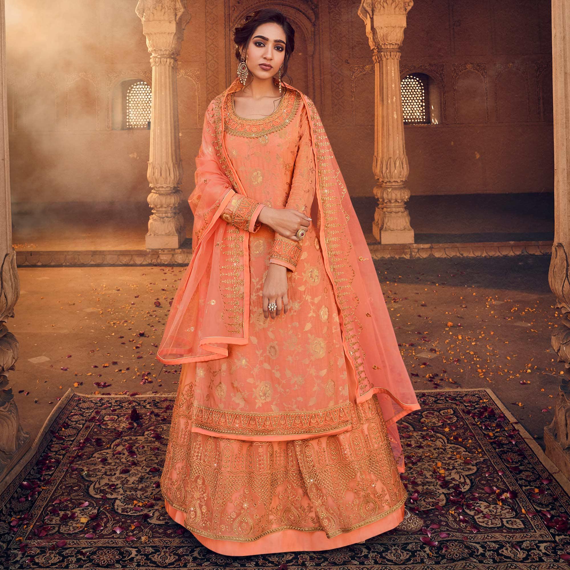 Orange Festive Wear Floral Emboidered With Diamond Net Lehenga Choli - Peachmode