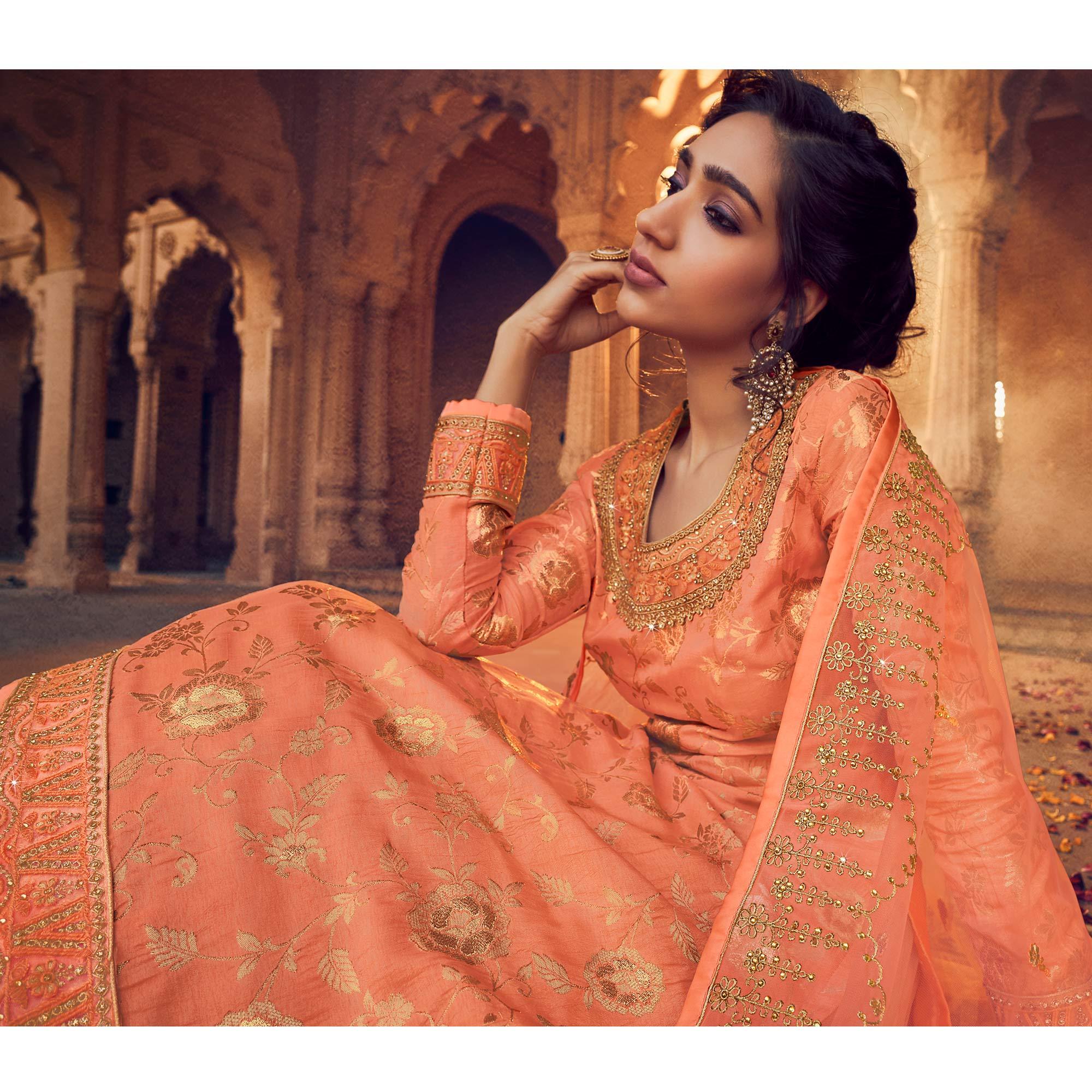 Orange Festive Wear Floral Emboidered With Diamond Net Lehenga Choli - Peachmode