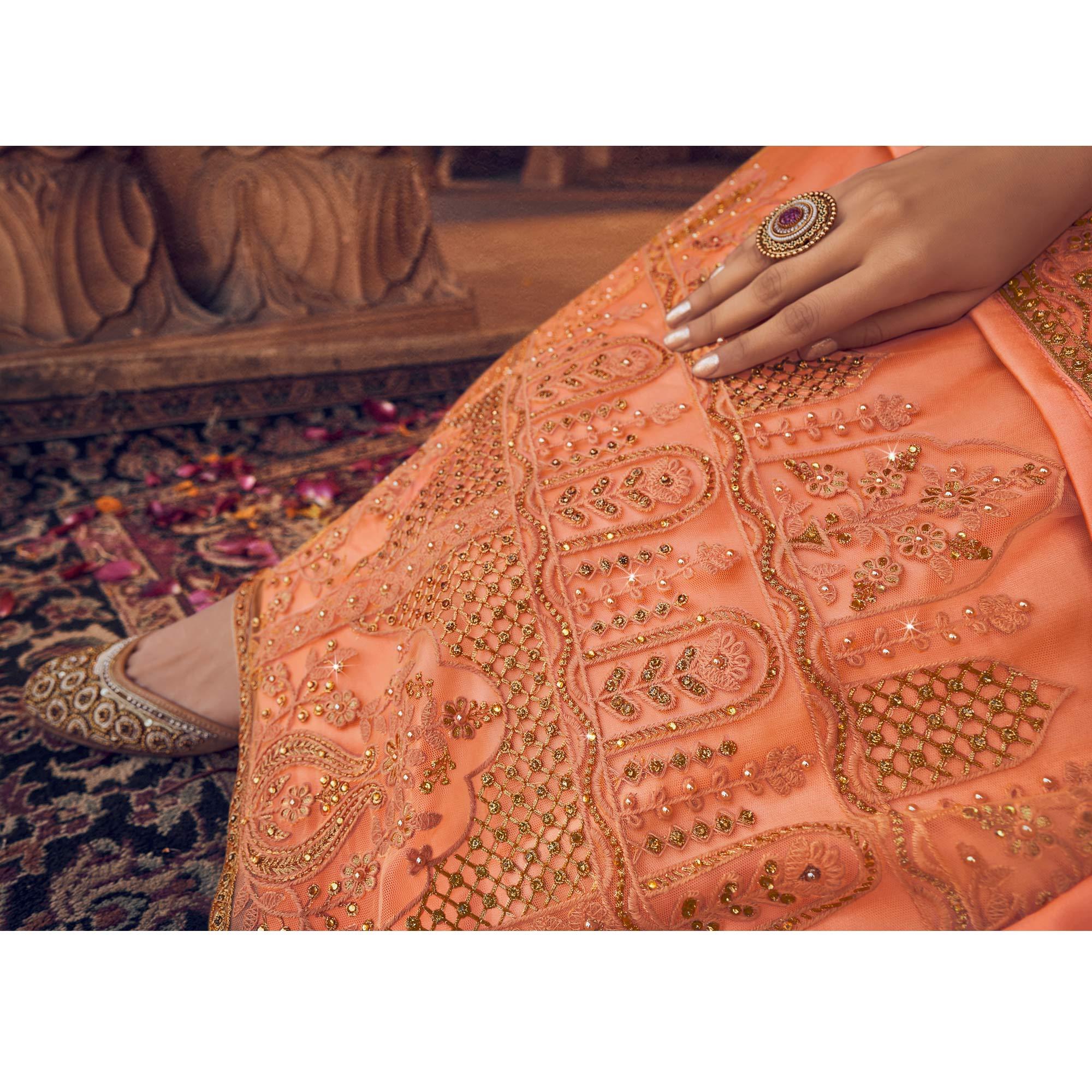 Orange Festive Wear Floral Emboidered With Diamond Net Lehenga Choli - Peachmode
