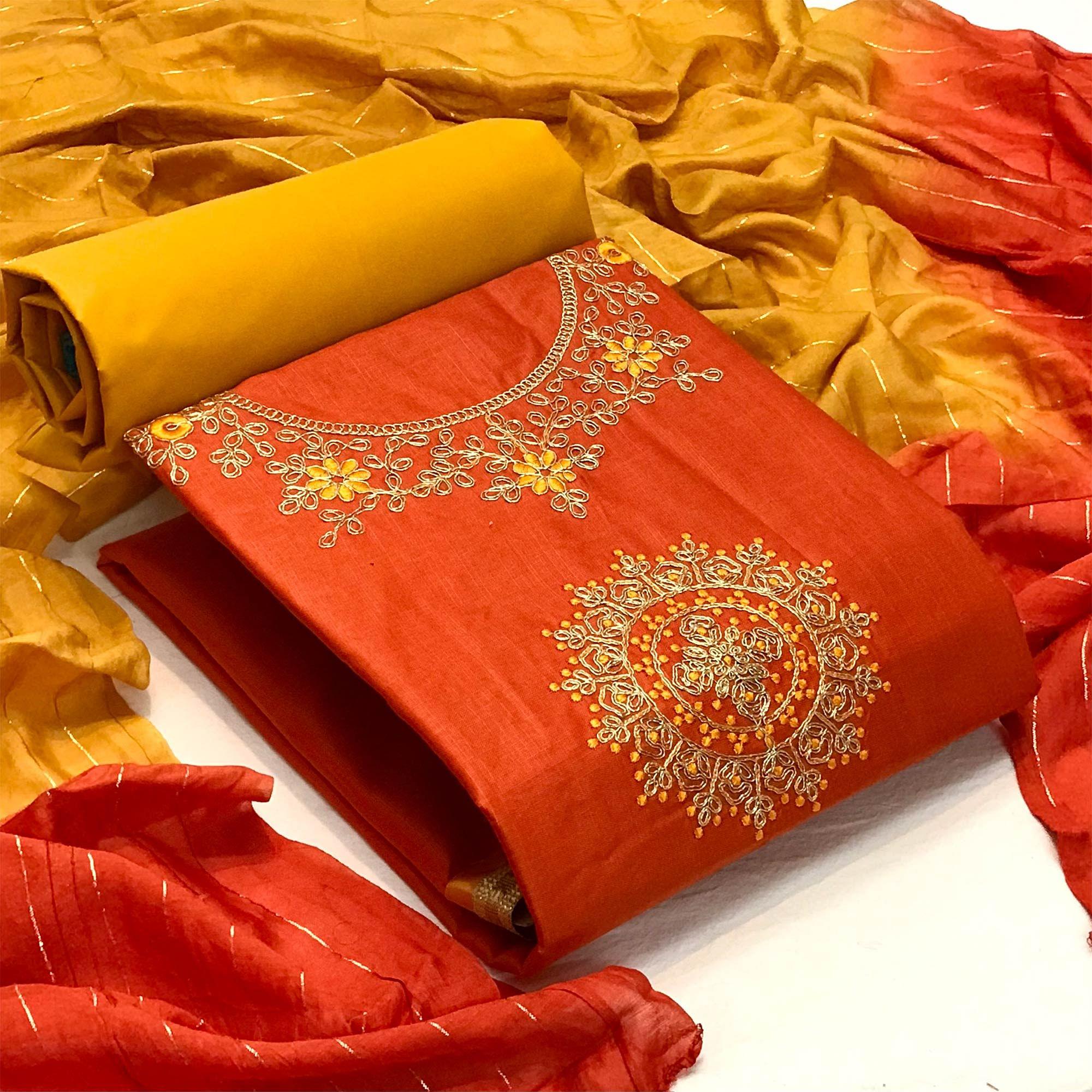 Orange Festive Wear Floral Embroidered Cotton Dress Material - Peachmode