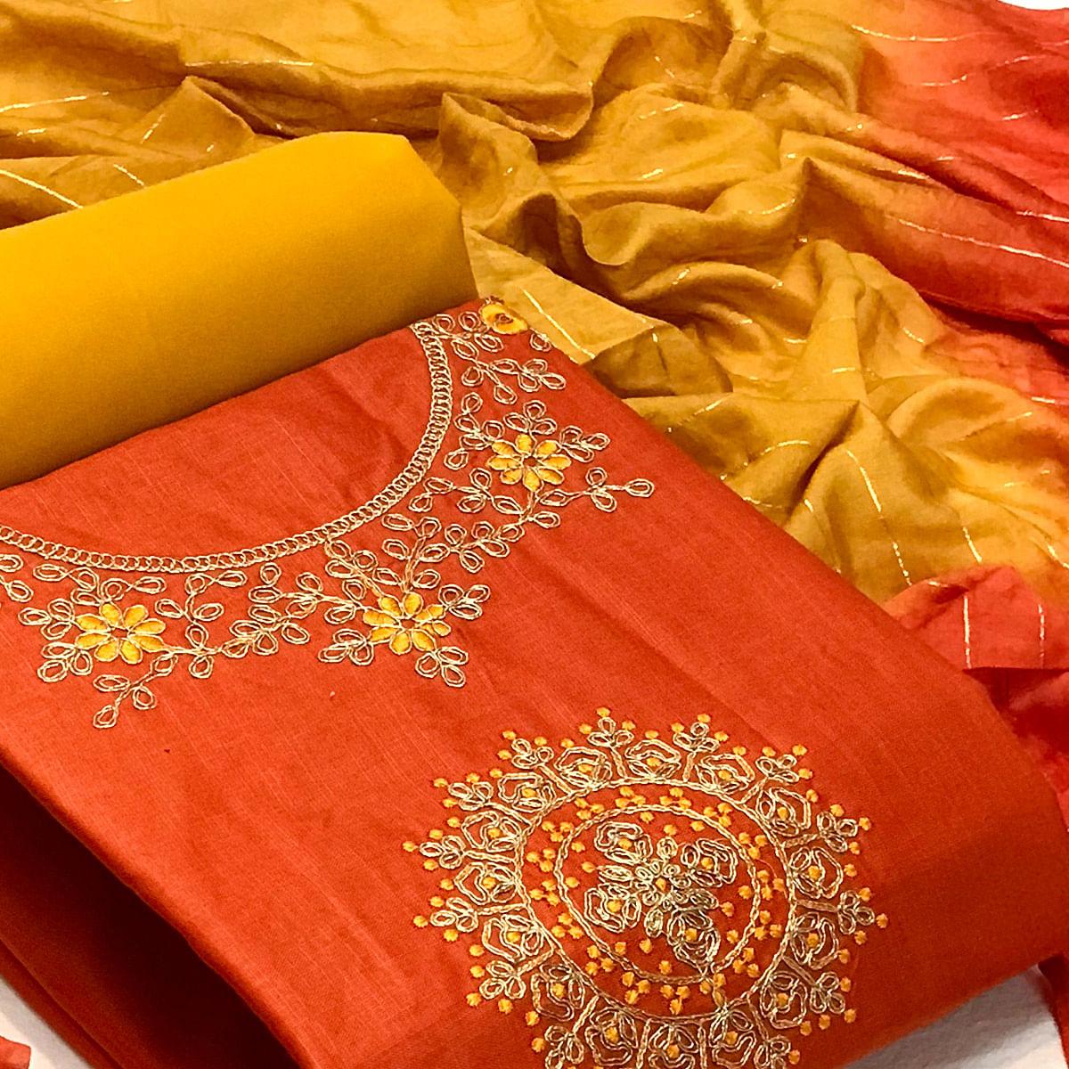 Orange Festive Wear Floral Embroidered Cotton Dress Material - Peachmode