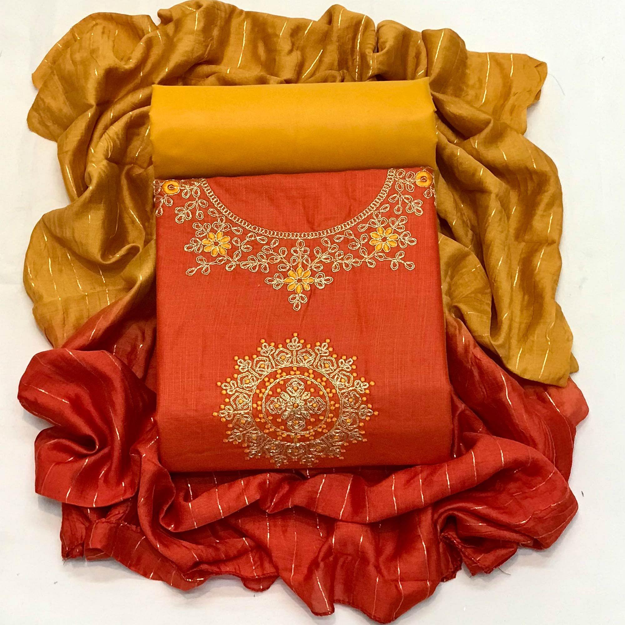 Orange Festive Wear Floral Embroidered Cotton Dress Material - Peachmode