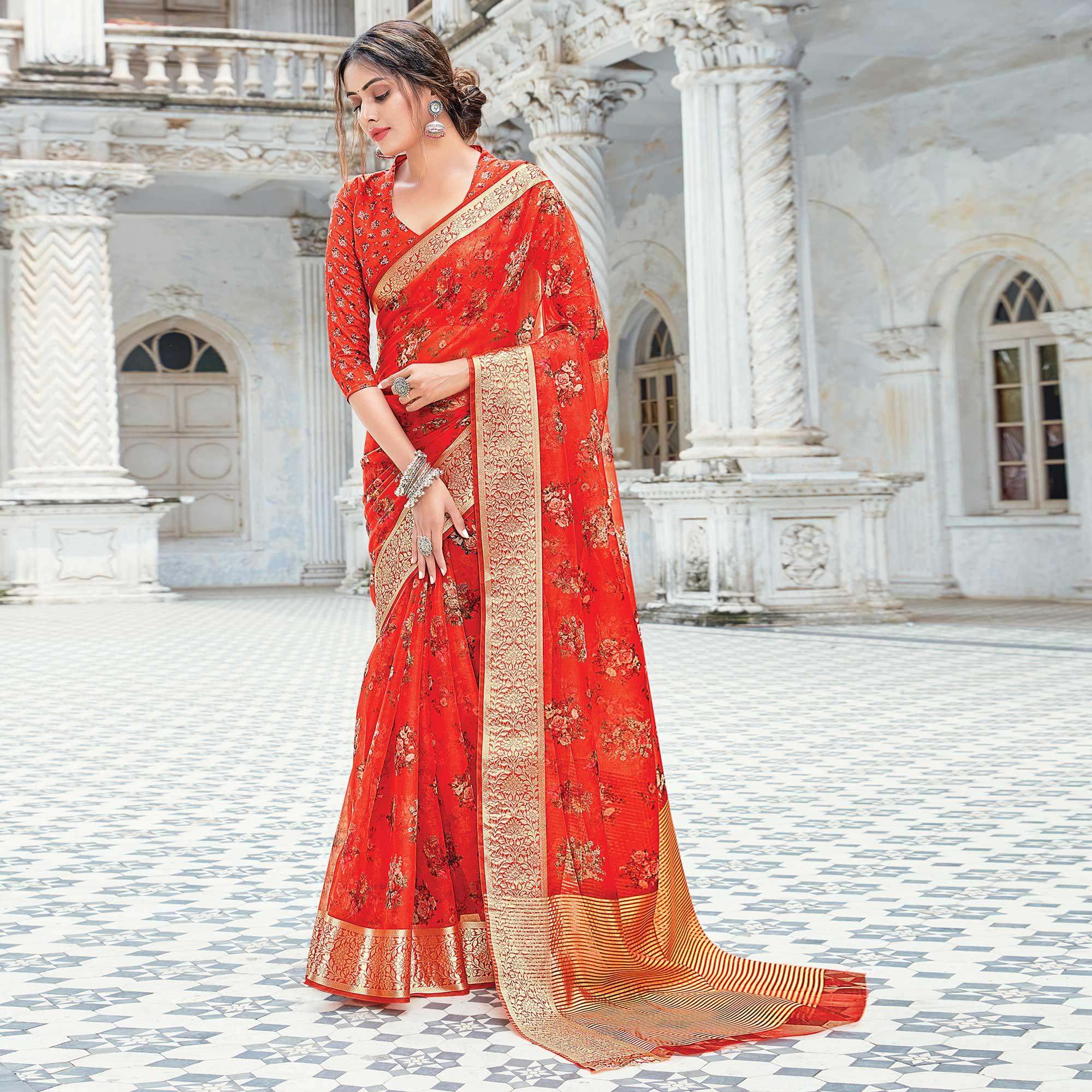Orange Festive Wear Floral Printed Organza Saree - Peachmode