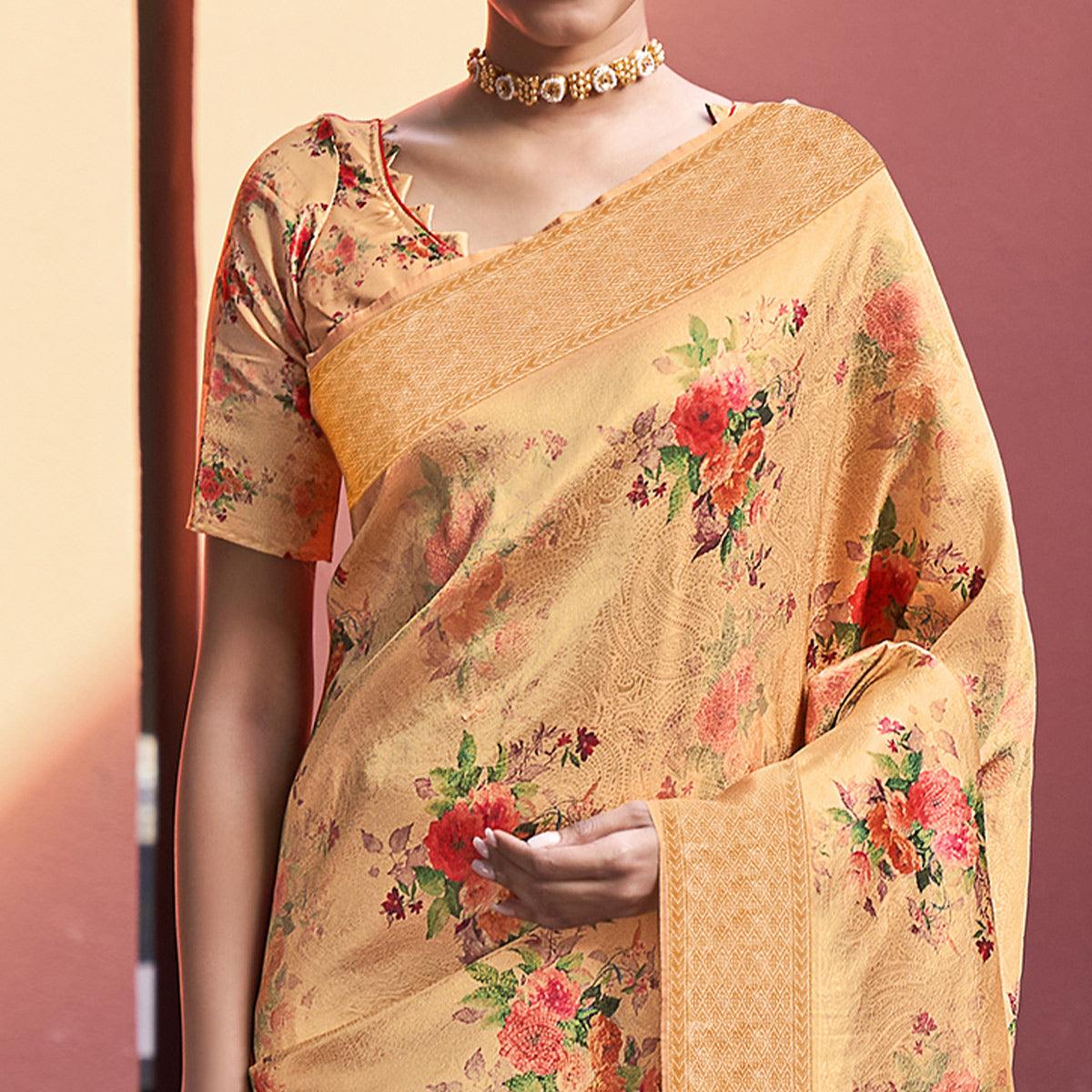 Orange Festive Wear Floral Printed Silk Saree With Woven Border - Peachmode