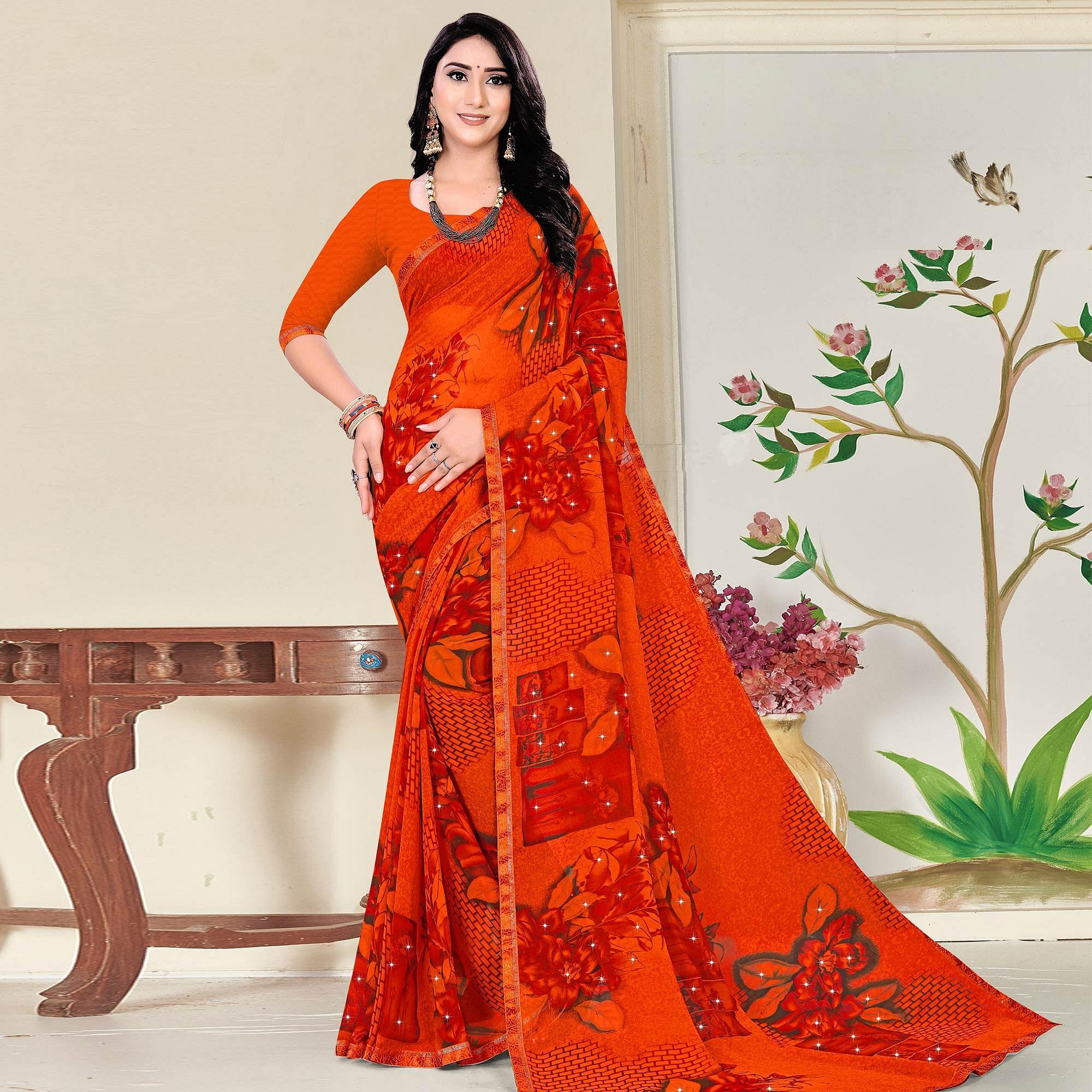 Orange Festive Wear Floral Printed With Lace Work Georgette Designer Saree - Peachmode