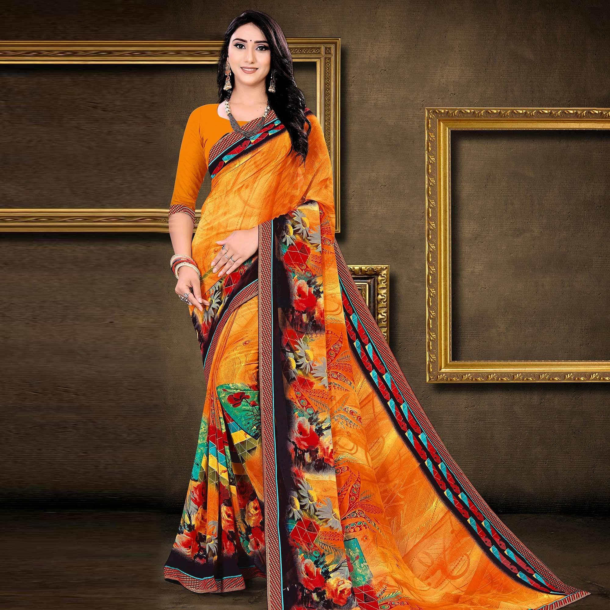 Orange Festive Wear Floral Printed  Work Georgette Designer Saree - Peachmode