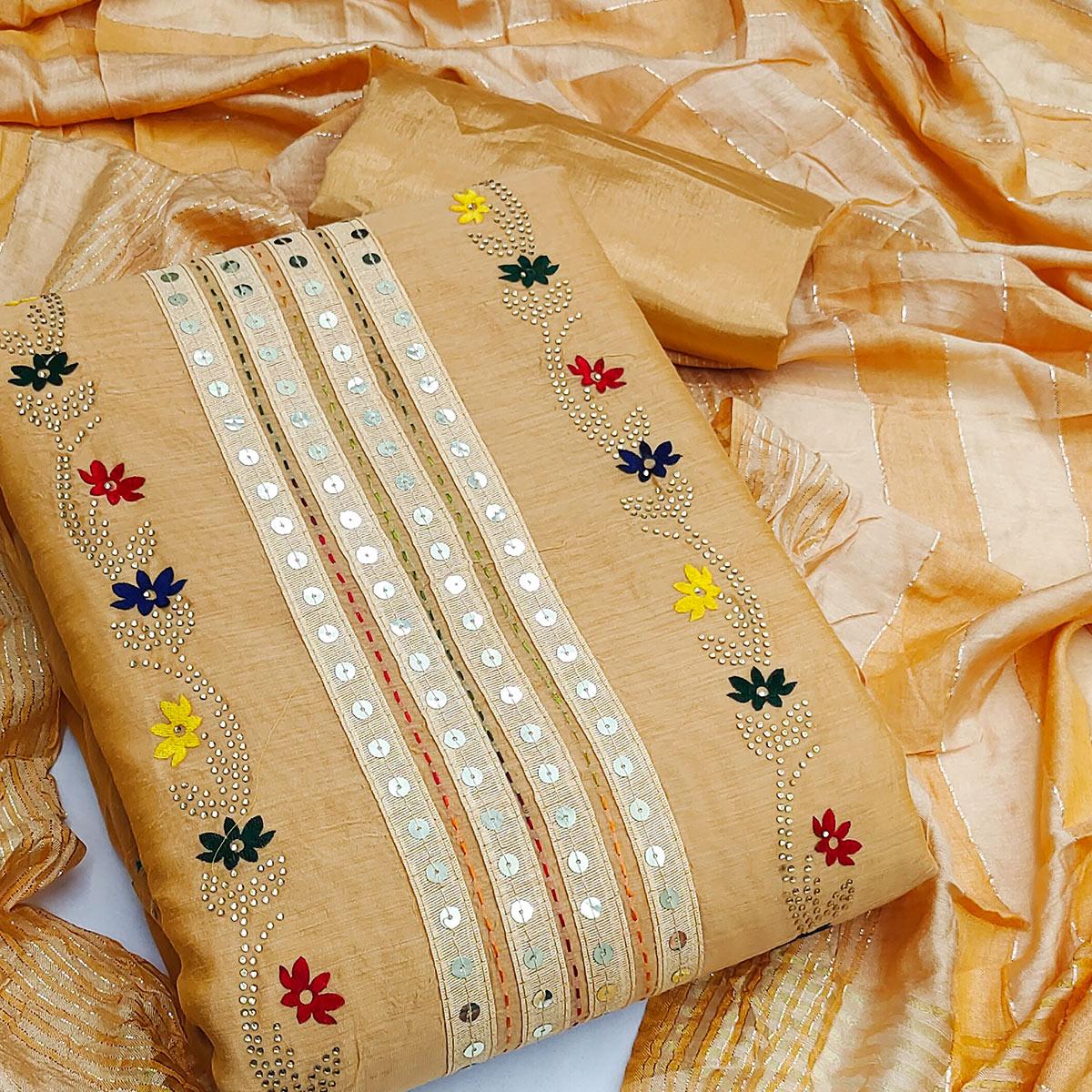 Orange Festive Wear Floral Sequecne Embroidered Chanderi Dress Material - Peachmode