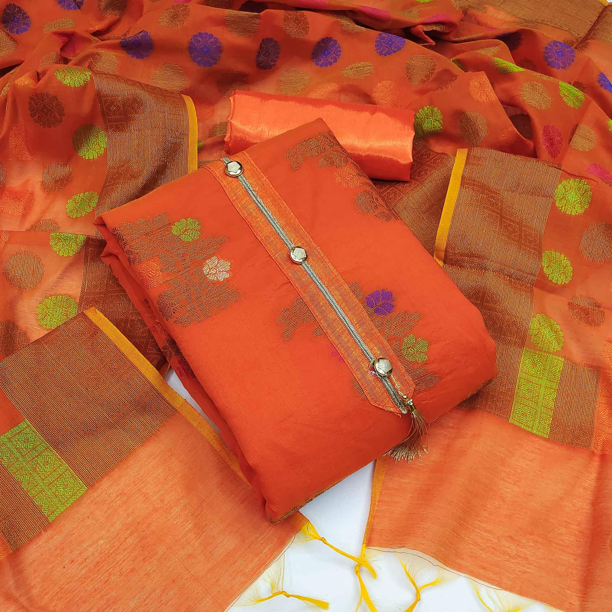 Orange Festive Wear Floral Woven Banarasi Silk Dress Material - Peachmode