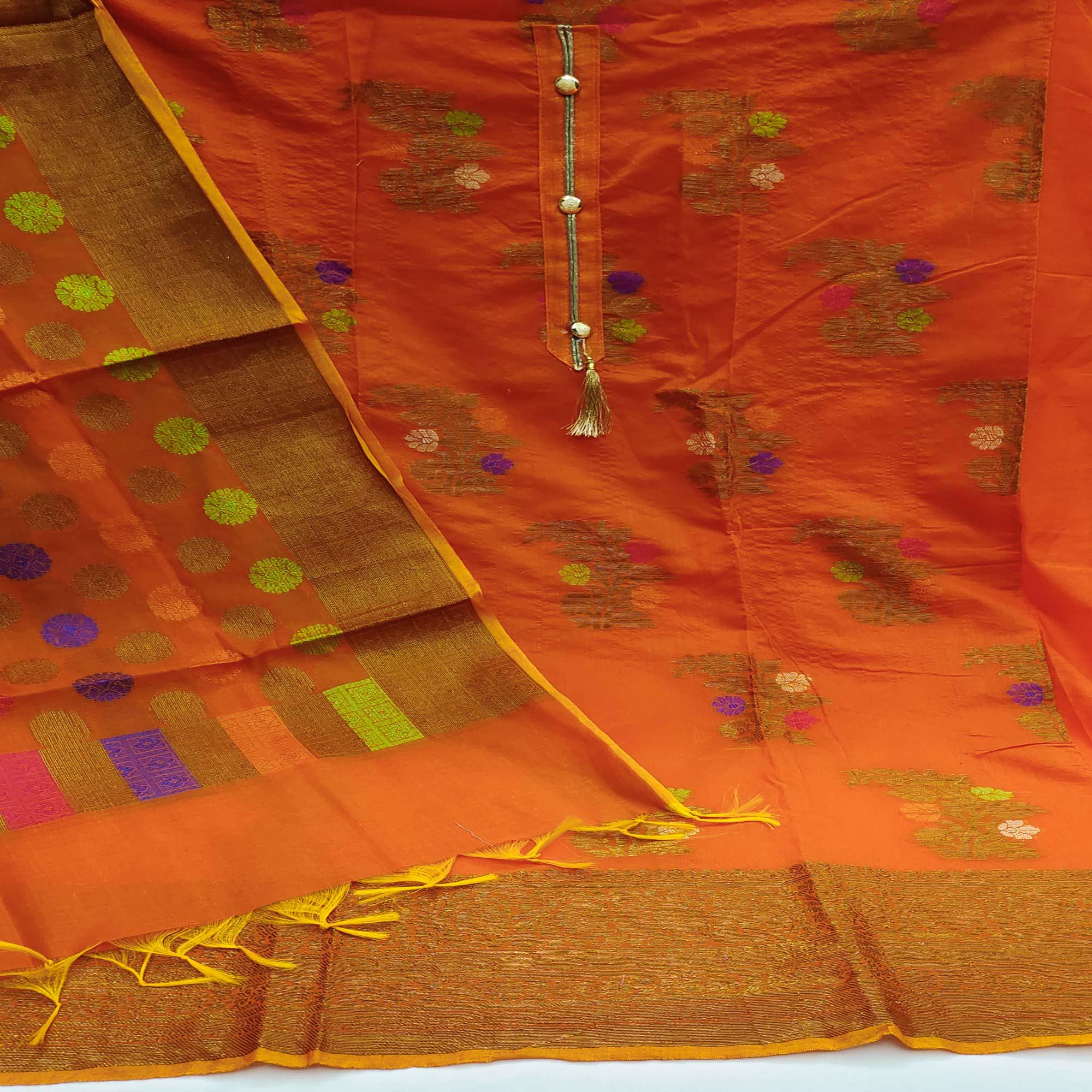 Orange Festive Wear Floral Woven Banarasi Silk Dress Material - Peachmode