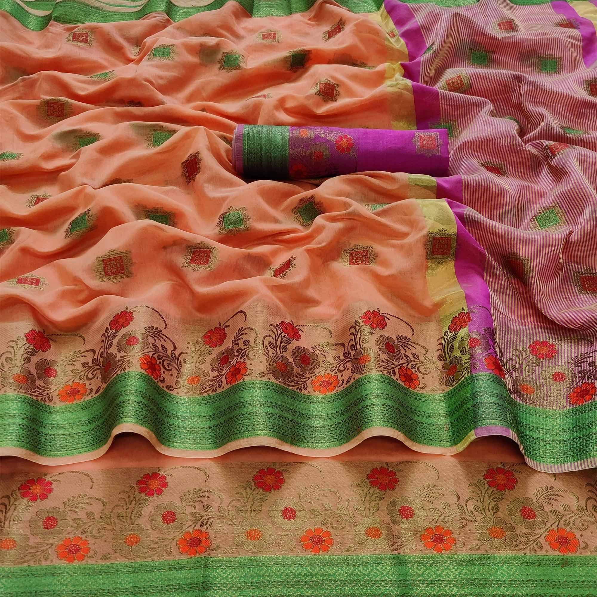 Orange Festive Wear Floral Woven Border With Butta Work Cotton Saree - Peachmode