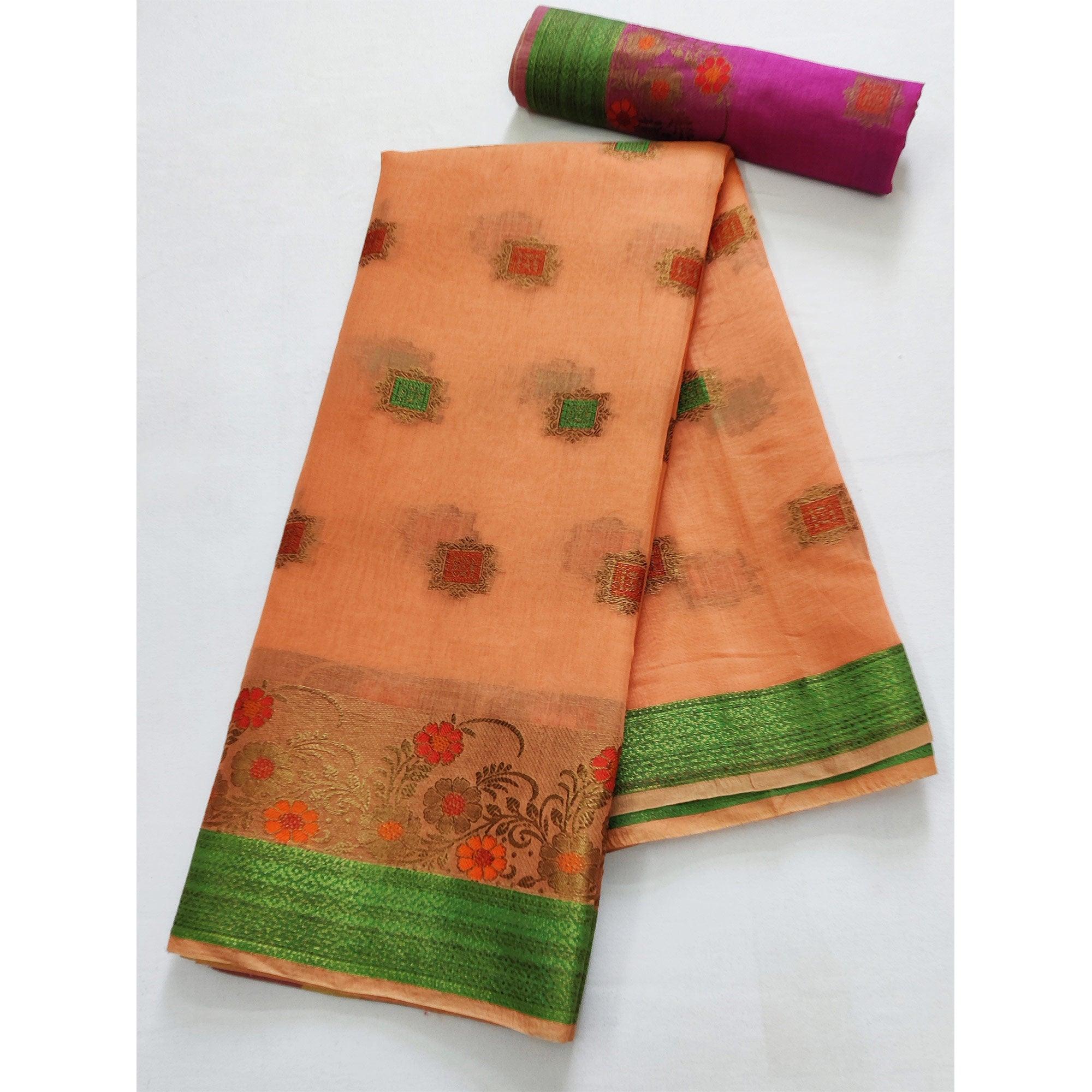 Orange Festive Wear Floral Woven Border With Butta Work Cotton Saree - Peachmode