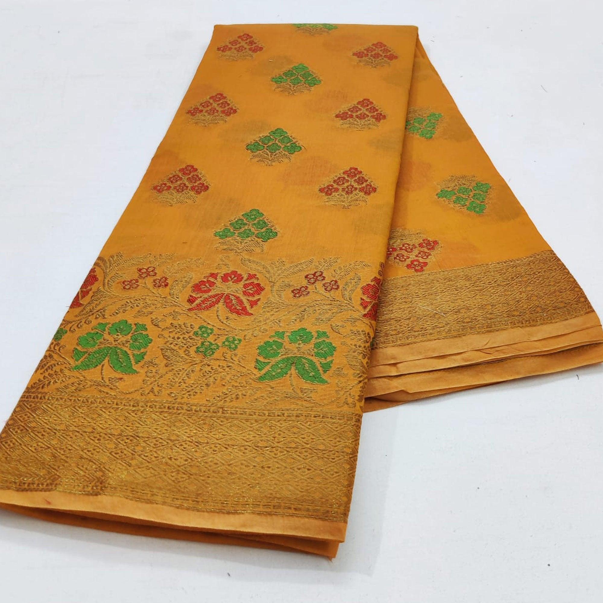 Orange Festive Wear Floral Woven Cotton Saree With Meena Butta Pallu - Peachmode
