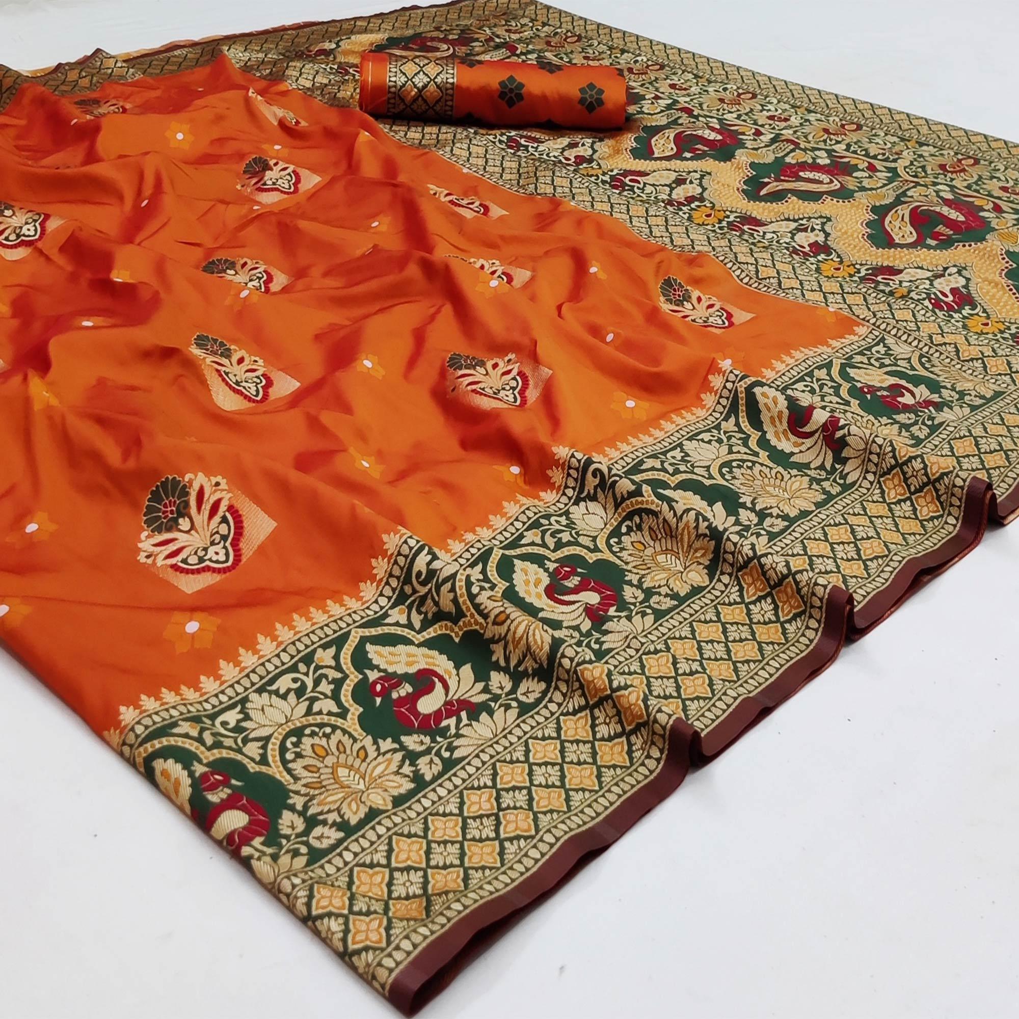 Orange Festive Wear Floral Woven Designer Soft Silk Banarasi Saree - Peachmode
