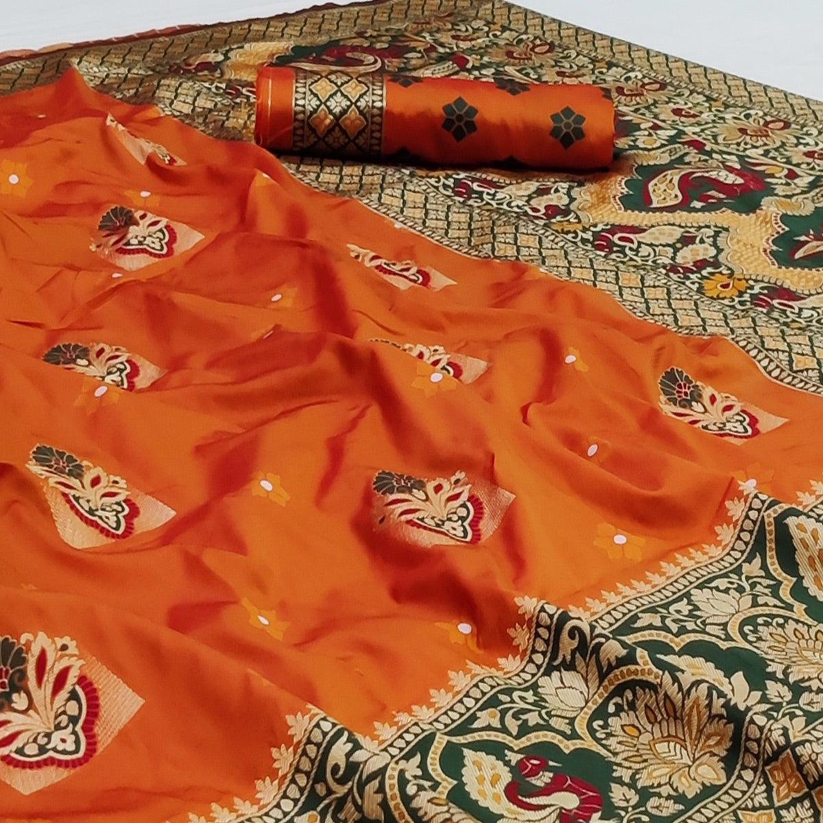 Orange Festive Wear Floral Woven Designer Soft Silk Banarasi Saree - Peachmode