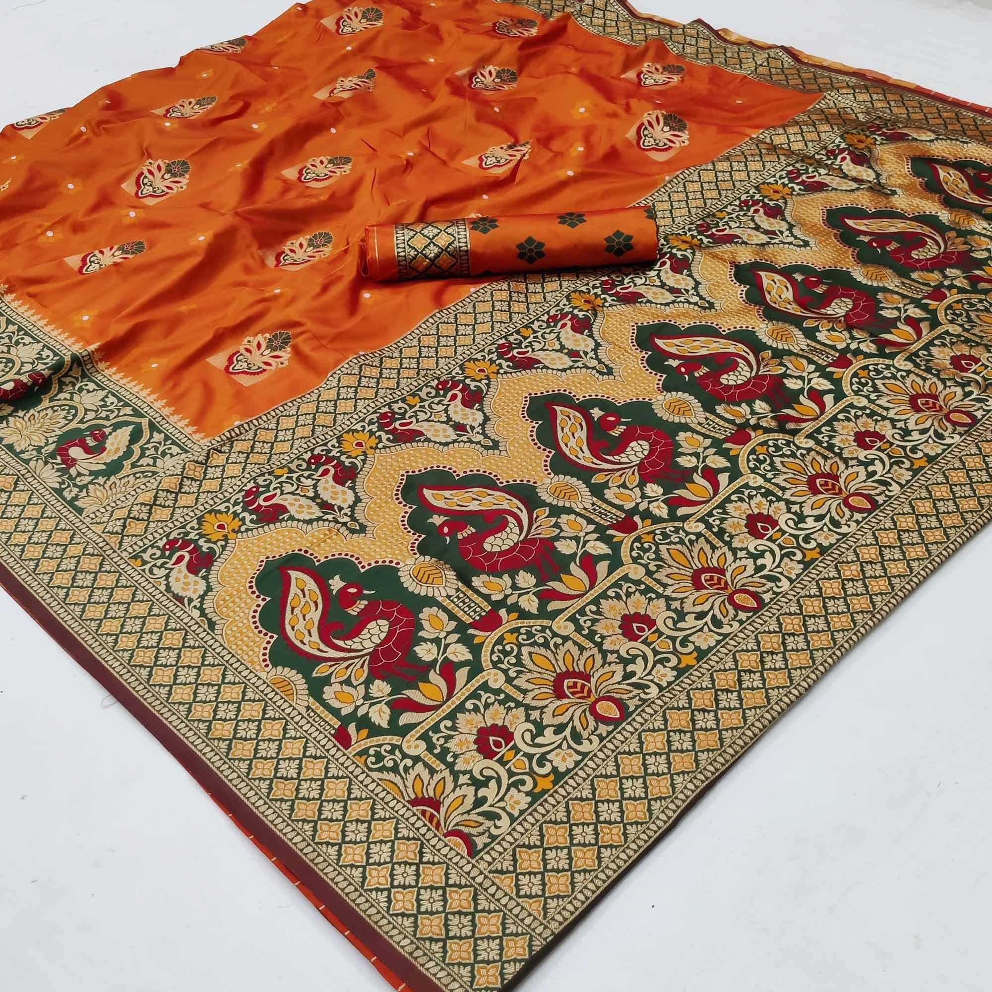Orange Festive Wear Floral Woven Designer Soft Silk Banarasi Saree - Peachmode