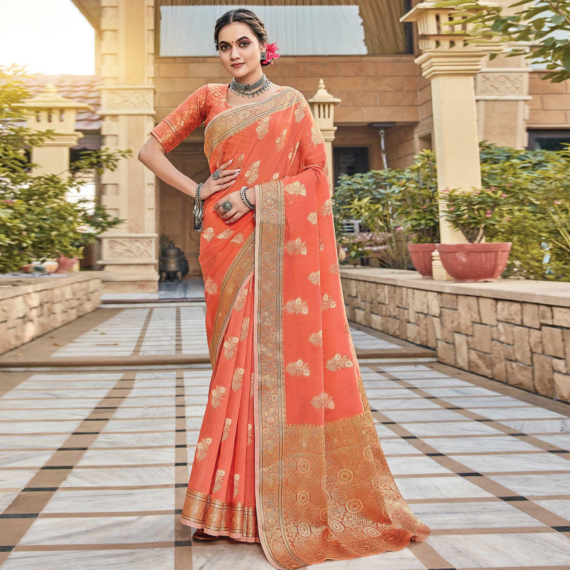 Orange Festive Wear Floral Woven Linen Saree - Peachmode