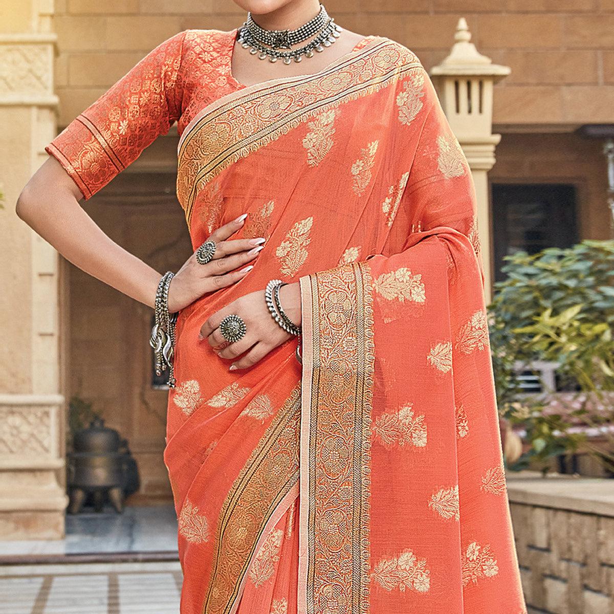 Orange Festive Wear Floral Woven Linen Saree - Peachmode