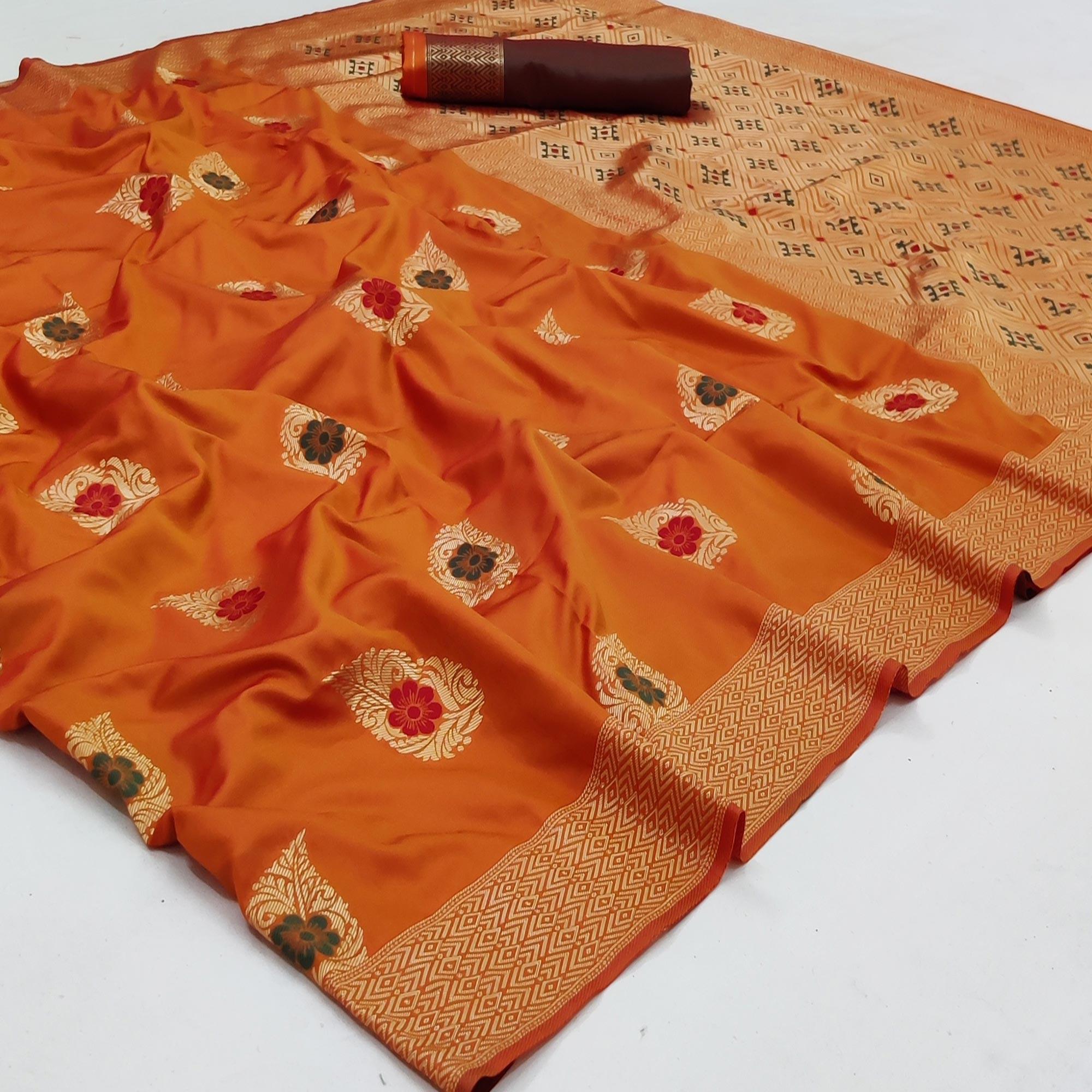 Orange Festive Wear Floral Woven Soft Silk Banarasi Saree - Peachmode