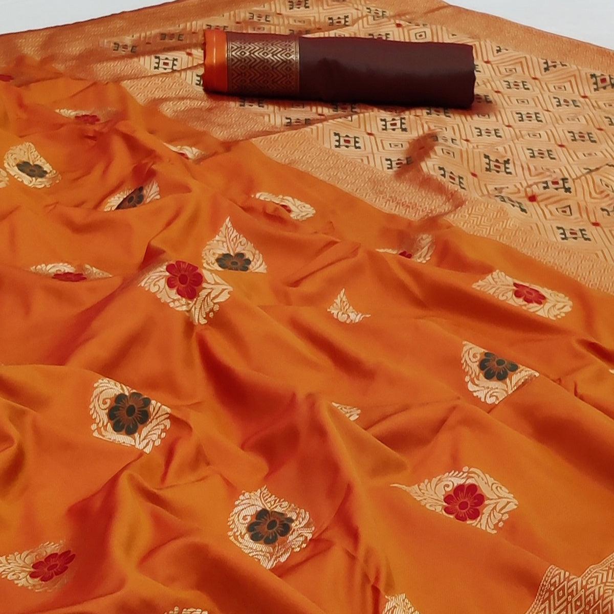 Orange Festive Wear Floral Woven Soft Silk Banarasi Saree - Peachmode