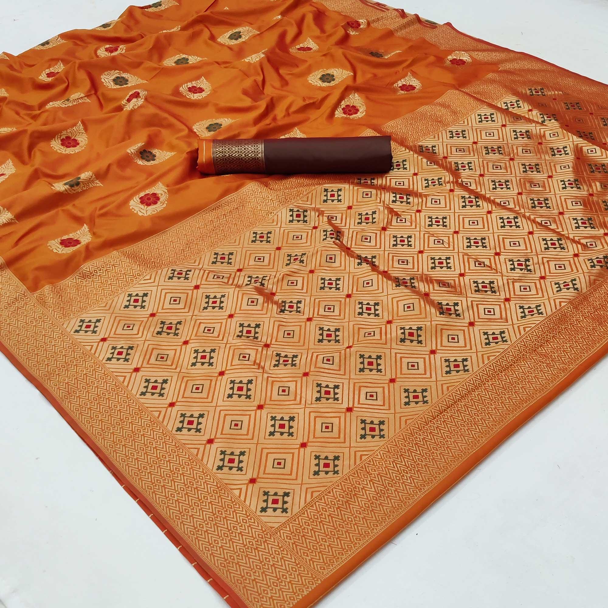 Orange Festive Wear Floral Woven Soft Silk Banarasi Saree - Peachmode